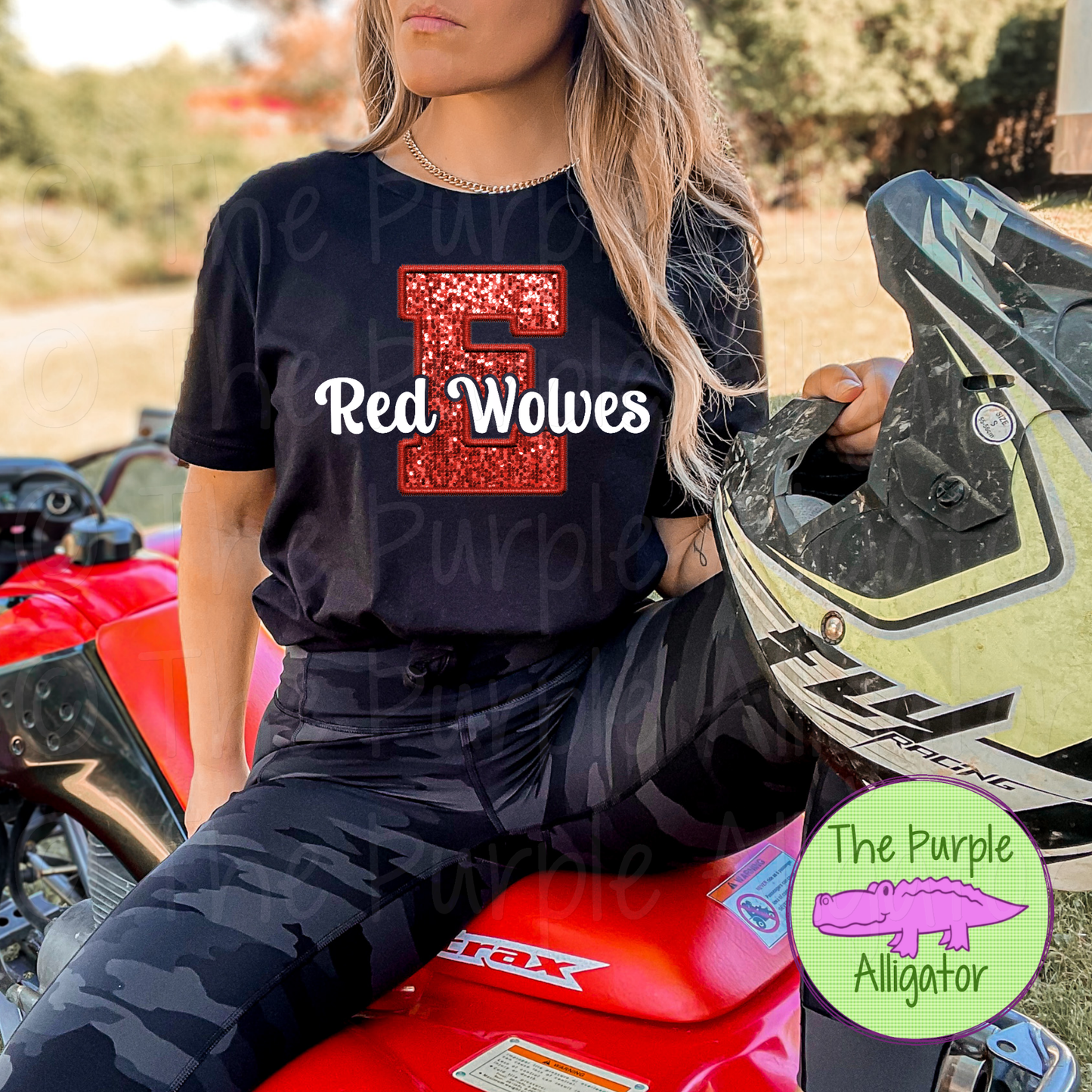 E Red Sequin Edgewood Red Wolves White Faux Sequin Mascot School Spirit (d2f TPA)