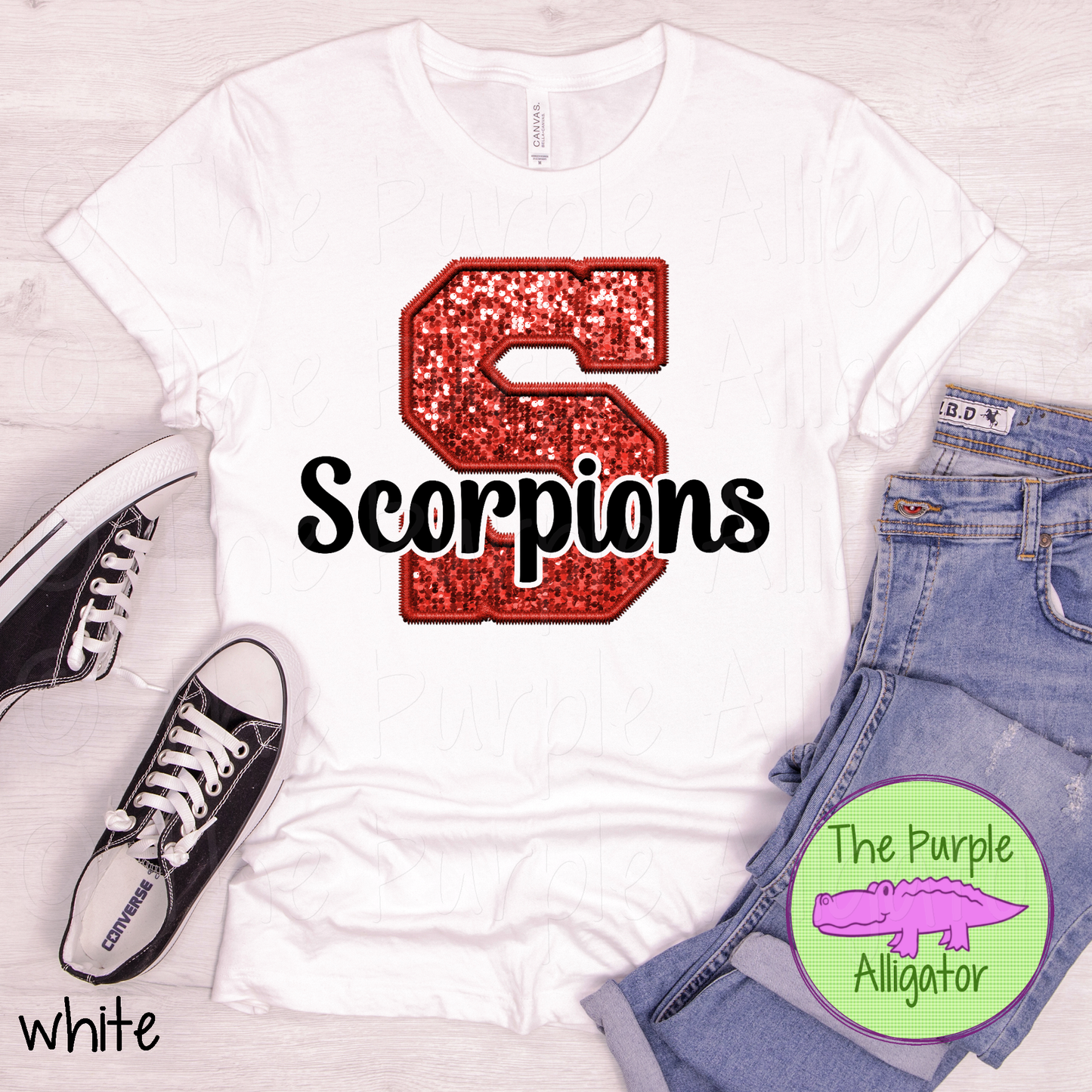 S Red Faux Sequin Satellite Scorpions Black Mascot School Spirit (d2f TPA)