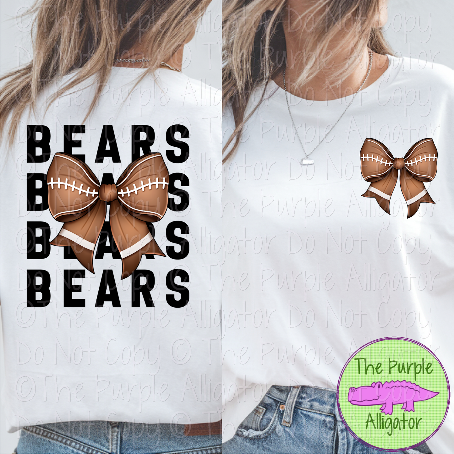Bears Block Football Bow Front/Back - Stacked Mascot Text Spirit Wear with Football Bow - Game Day Front & Back Design 0325 (d2f TPA)