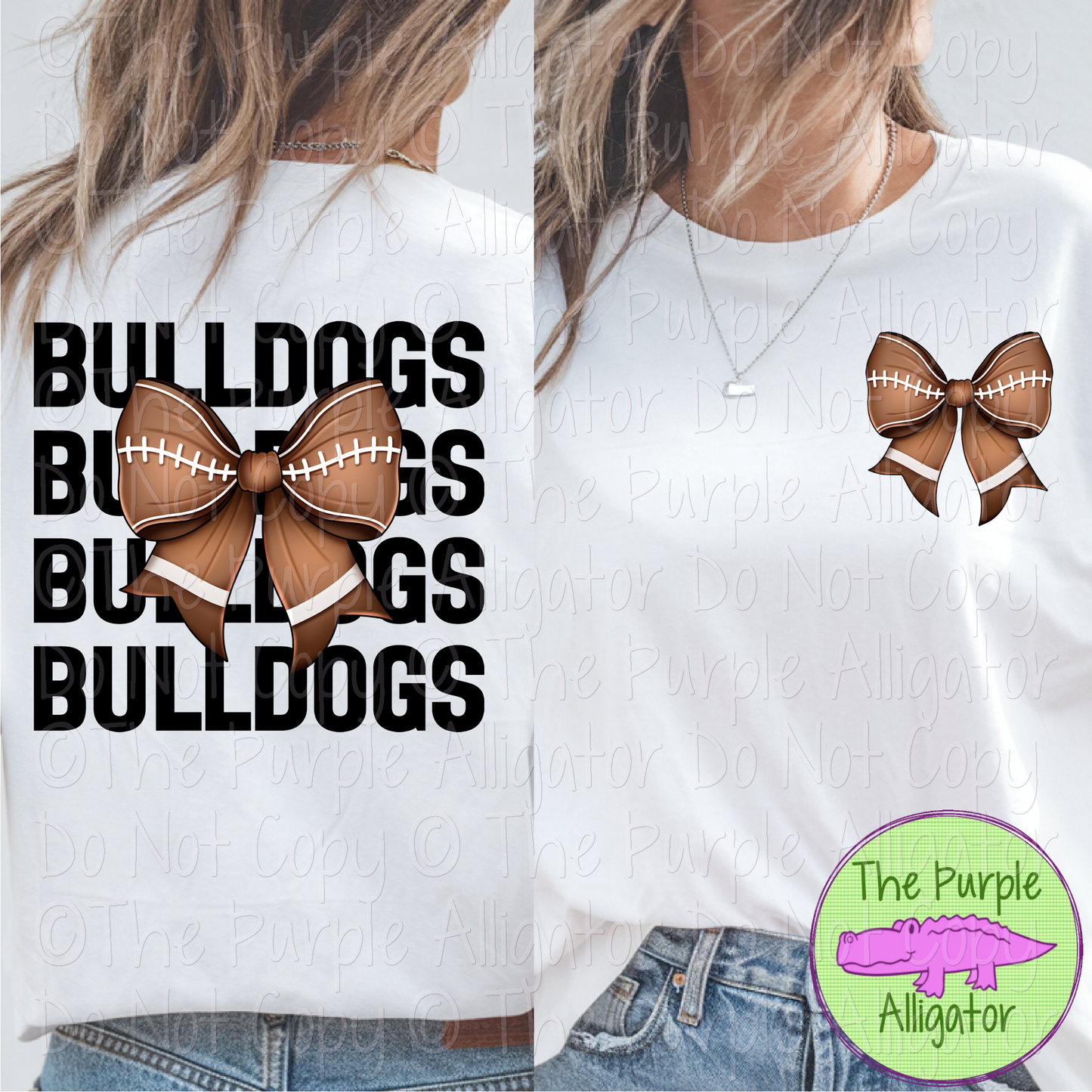Bulldogs Block Football Bow Front/Back - Stacked Mascot Text Spirit Wear with Football Bow - Game Day Front & Back Design 0325 (d2f TPA)