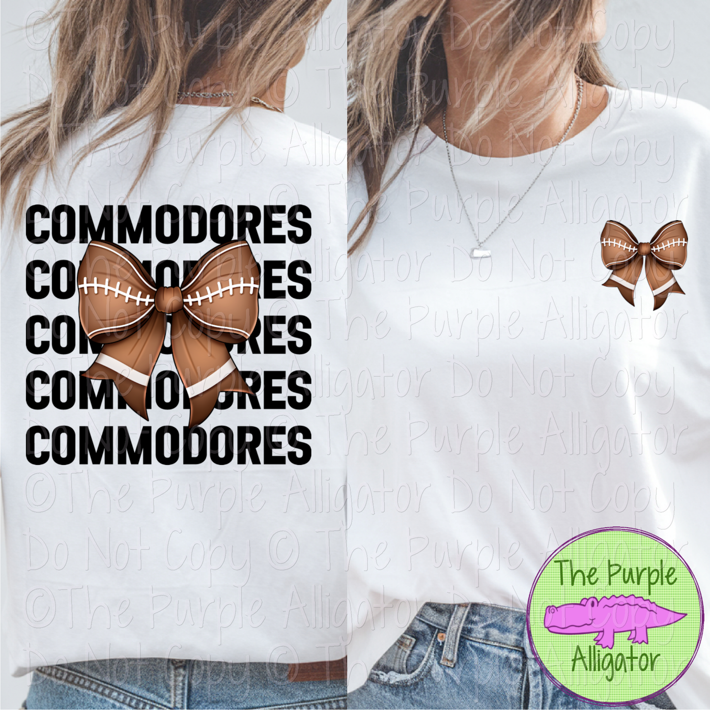 Commodores Block Football Bow Front/Back - Stacked Mascot Text Spirit Wear with Football Bow - Game Day Front & Back Design 0325 (d2f TPA)