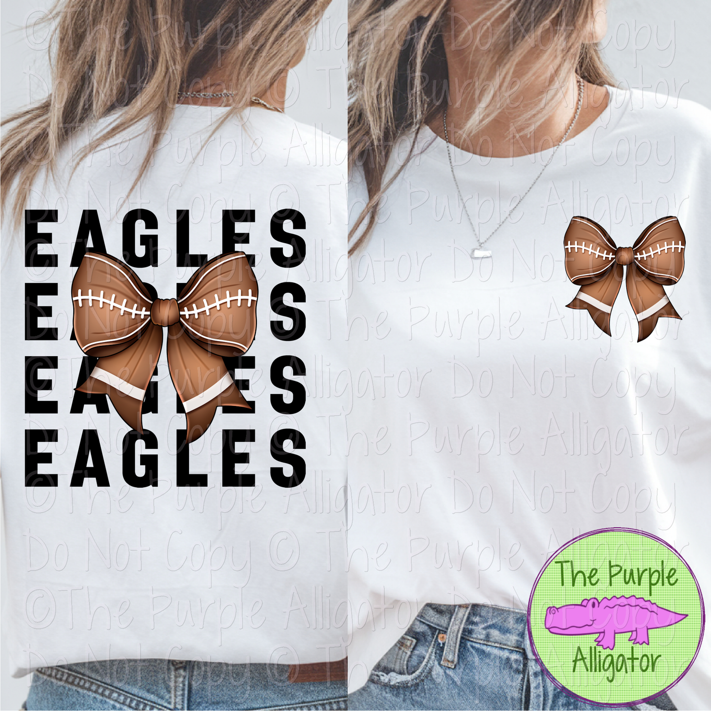 Eagles Block Football Bow Front/Back - Stacked Mascot Text Spirit Wear with Football Bow - Game Day Front & Back Design 0325 (d2f TPA)