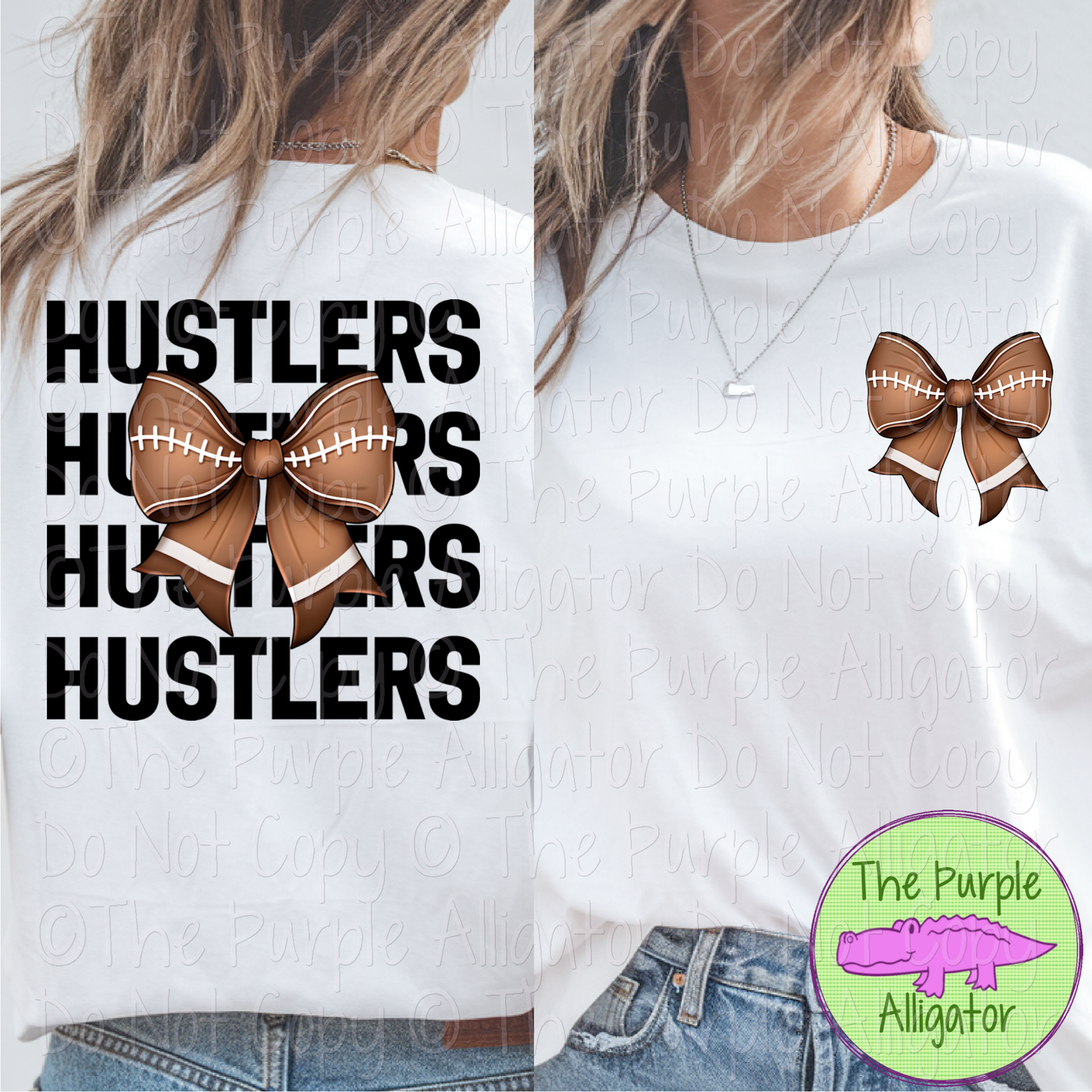 Hustlers Block Football Bow Front/Back - Stacked Mascot Text Spirit Wear with Football Bow - Game Day Front & Back Design 0325 (d2f TPA)
