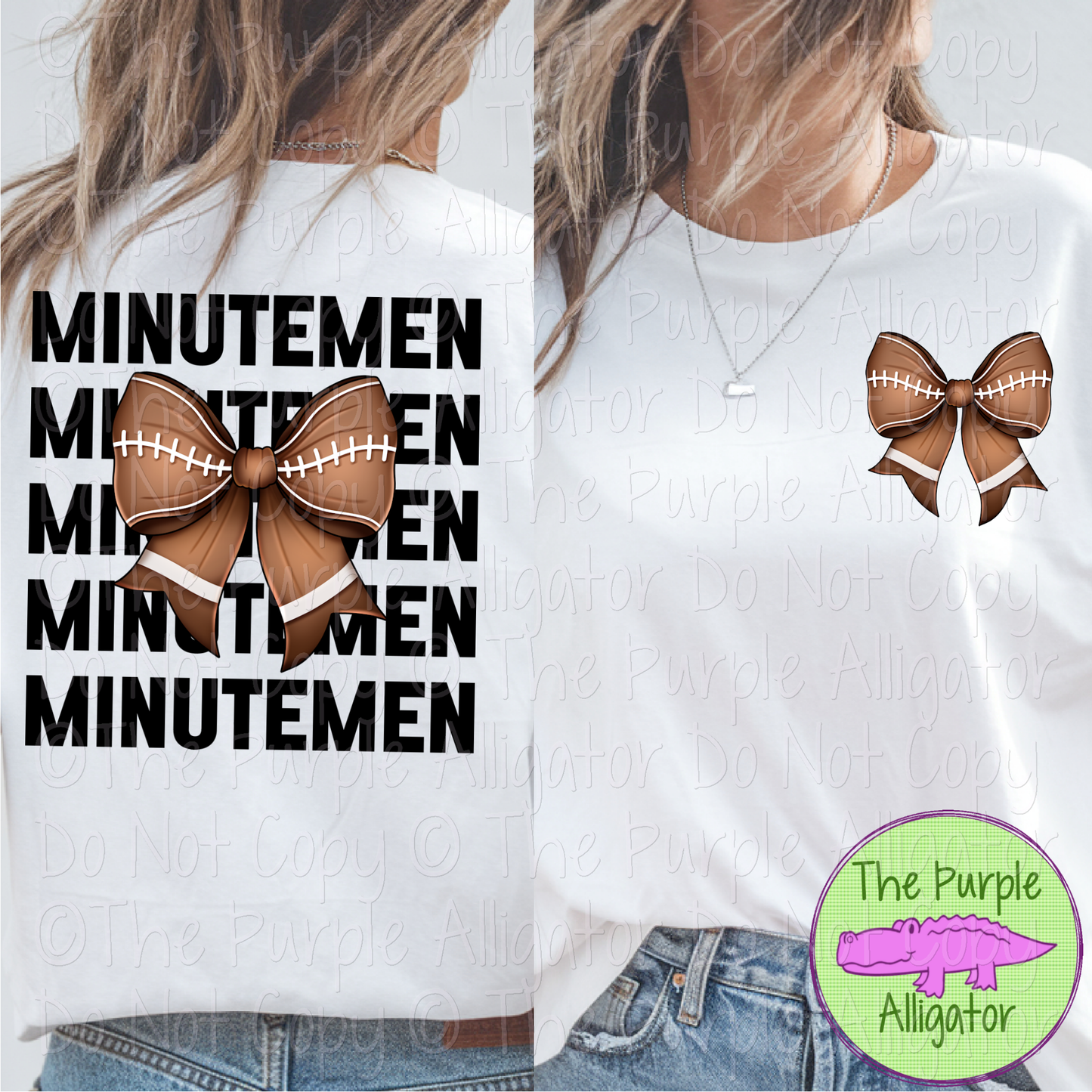 Minutemen Block Football Bow Front/Back - Stacked Mascot Text Spirit Wear with Football Bow - Game Day Front & Back Design 0325 (d2f TPA)