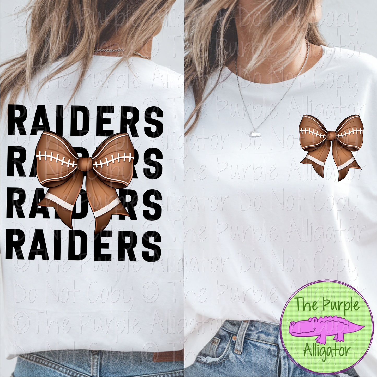 Raiders Block Football Bow Front/Back - Stacked Mascot Text Spirit Wear with Football Bow - Game Day Front & Back Design 0325 (d2f TPA)