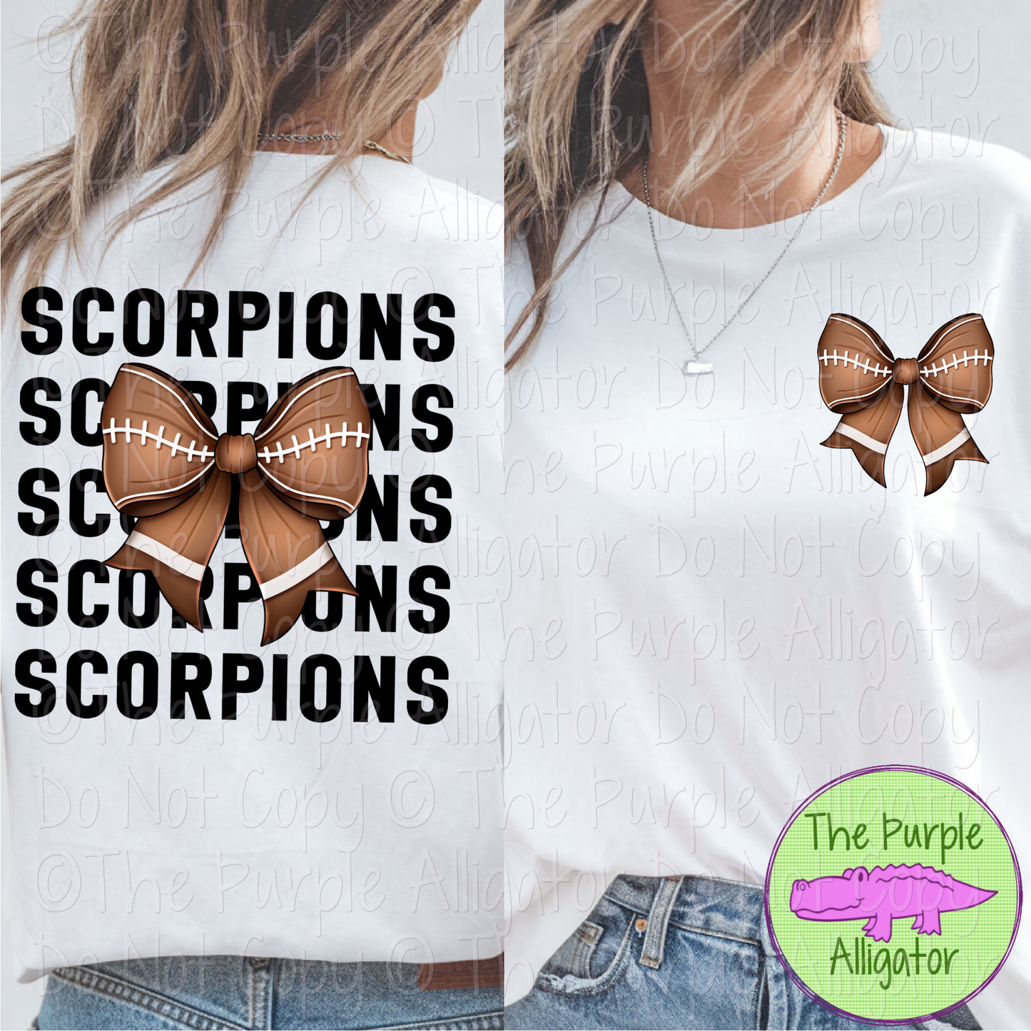 Scorpions Block Football Bow Front/Back - Stacked Mascot Text Spirit Wear with Football Bow - Game Day Front & Back Design 0325 (d2f TPA)