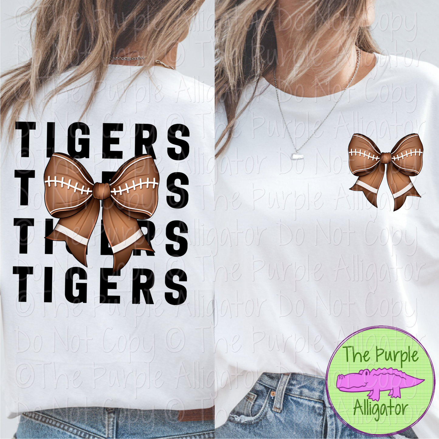 Tigers Block Football Bow Front/Back - Stacked Mascot Text Spirit Wear with Football Bow - Game Day Front & Back Design 0325 (d2f TPA)