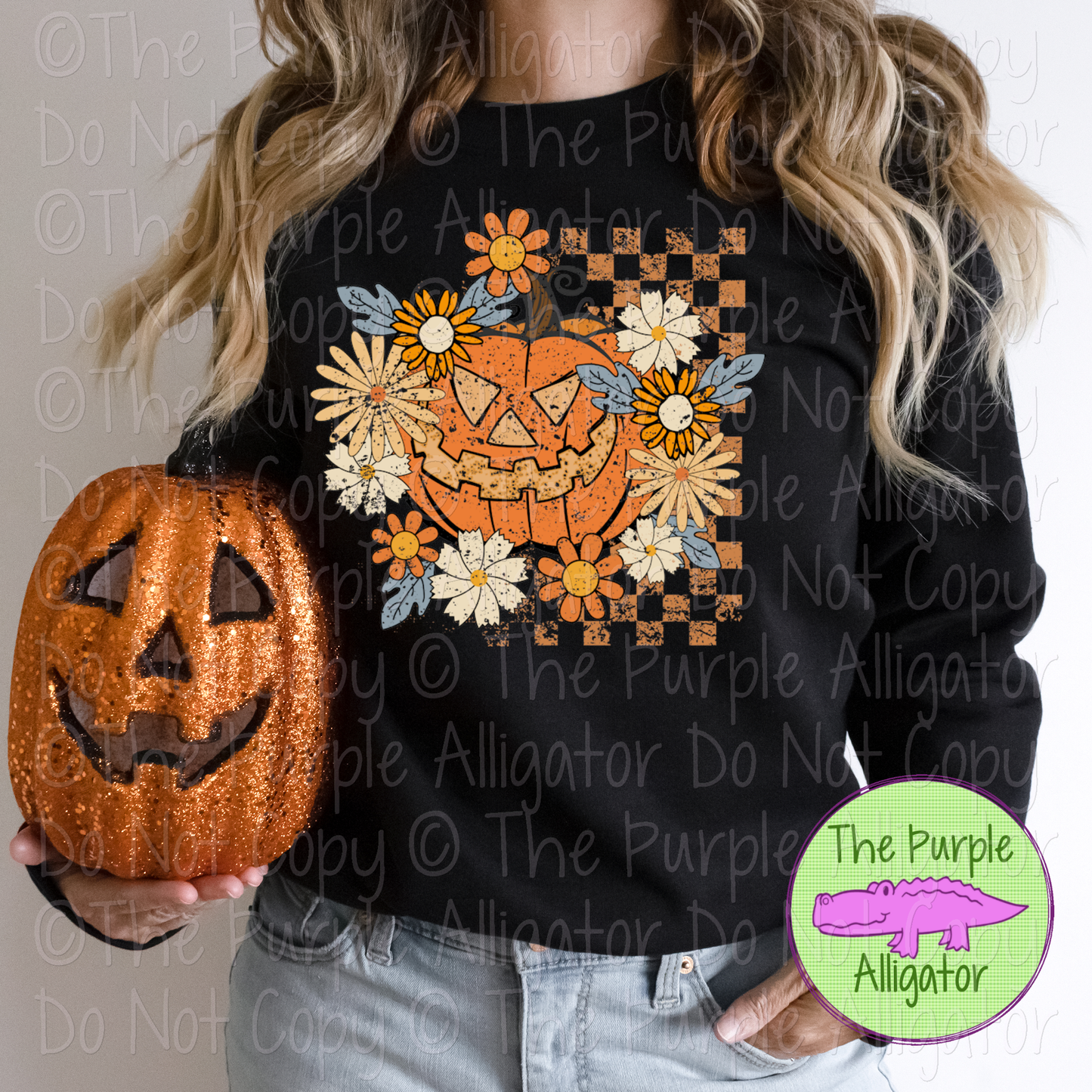 Boho Floral Jack on Checks | Vintage Halloween Tee with Jack-O'-Lantern & Checkered Background 0725 (D2F SM)