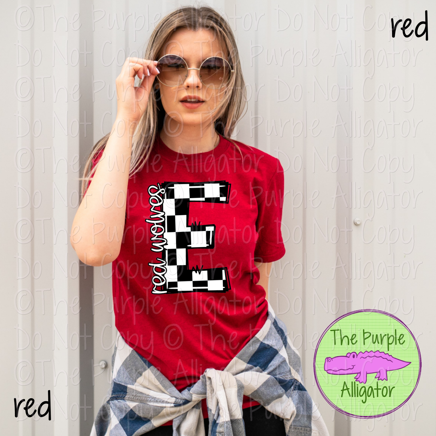 E Red Wolves Check Initial Mascot School Spirit Wear 0225 (d2f TPA)