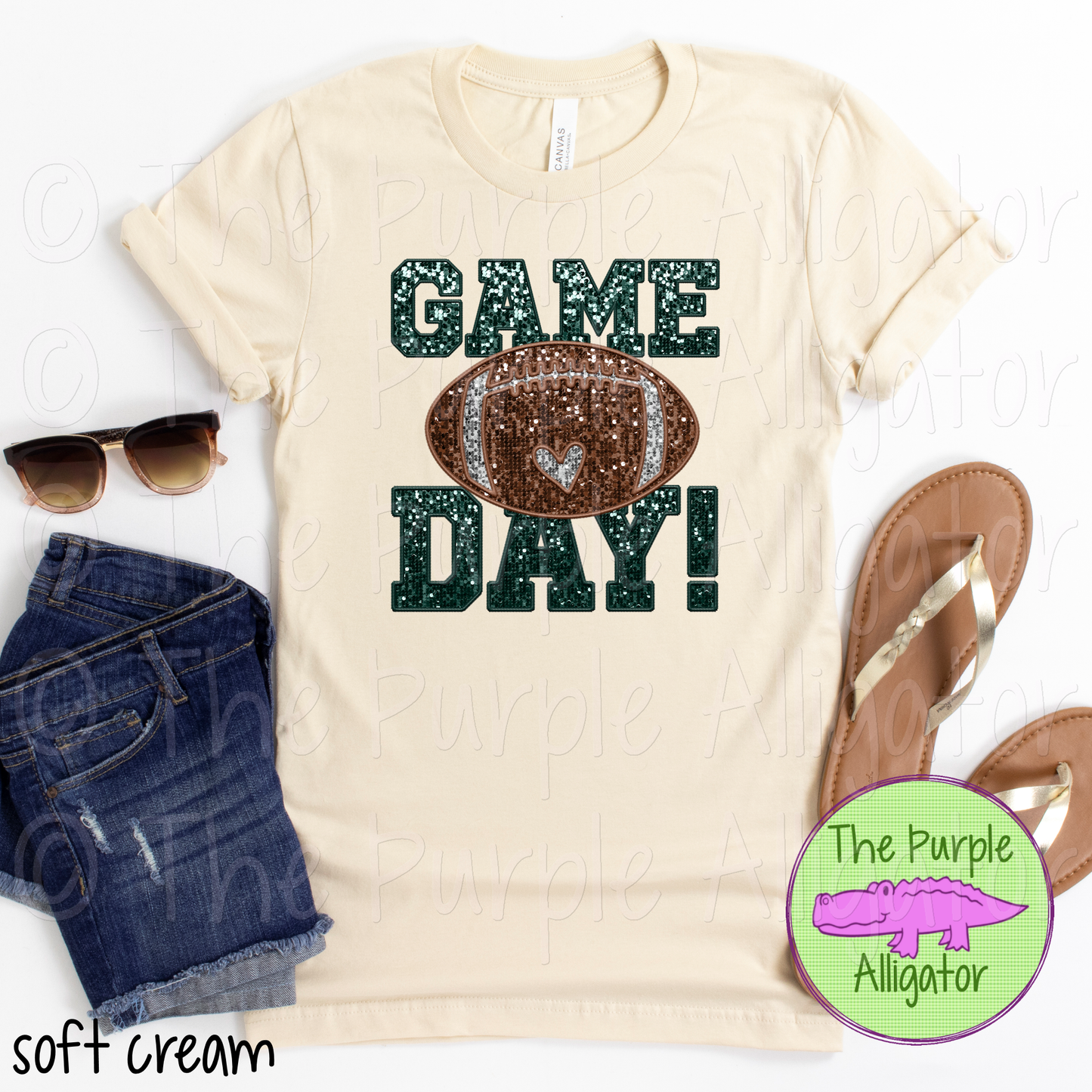 Football Game Day Dark Green Faux Sequin Faux Embroidery (d2f TPA)