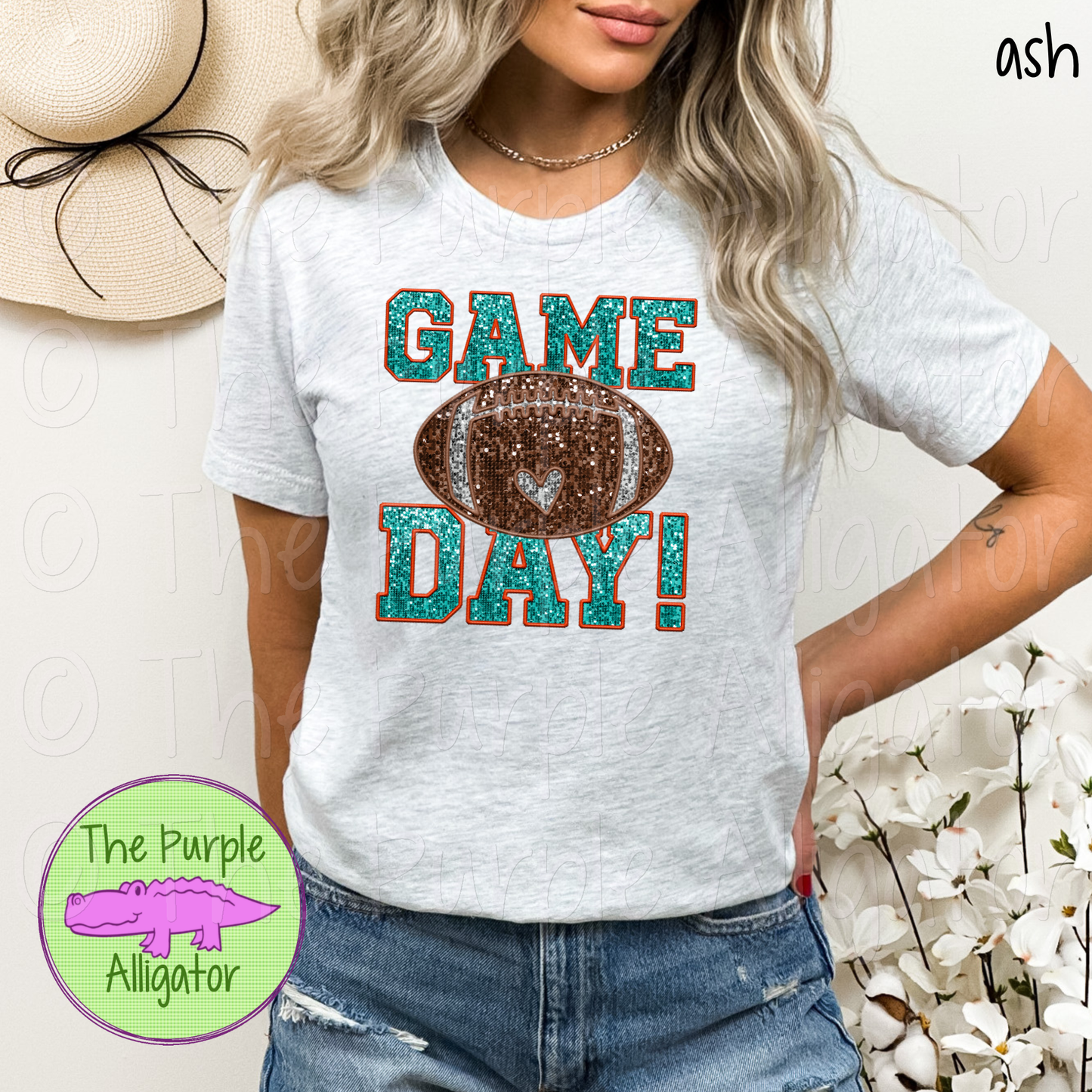 Football Game Day Teal Orange Faux Sequin Faux Embroidery (d2f TPA)