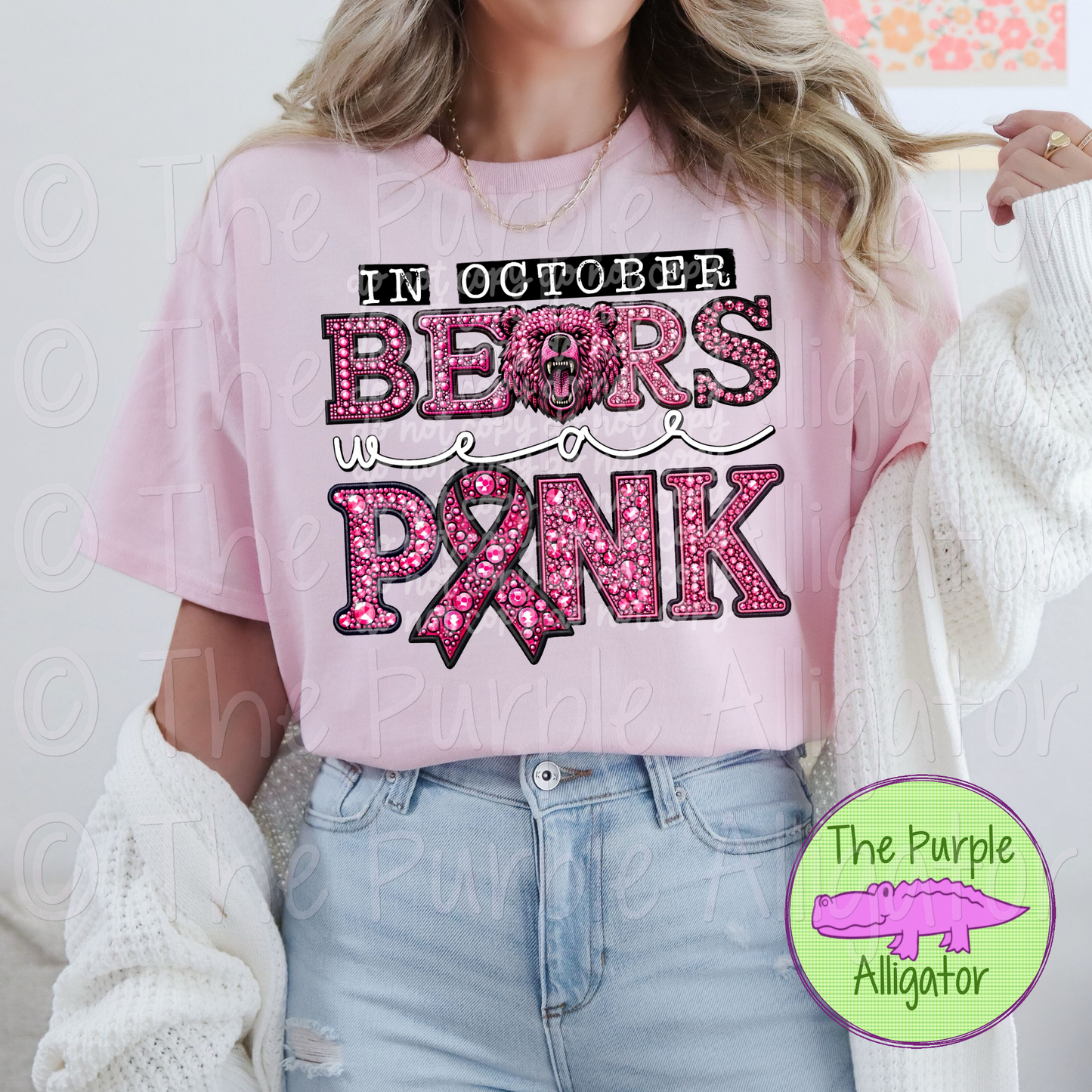In October Bears Wear Pink BCA Faux Rhinestone Pink Out Mascot School Spirit 0824 (d2f PHDC)