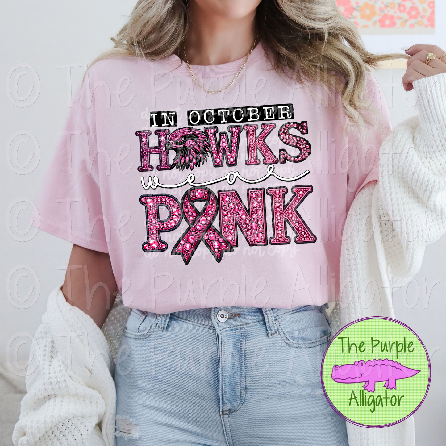 In October Hawks Wear Pink BCA Faux Rhinestone Pink Out Mascot School Spirit 0824 (d2f PHDC)