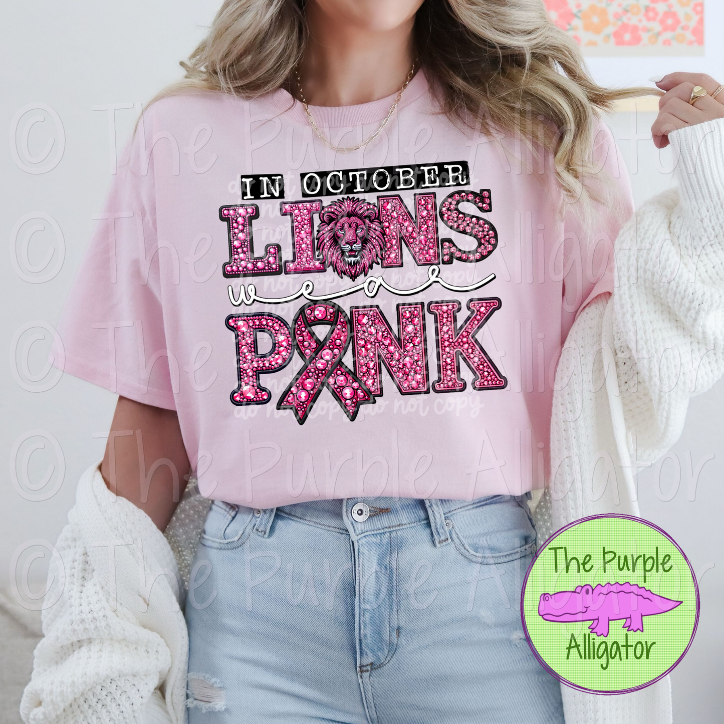 In October Lions Wear Pink BCA Faux Rhinestone Pink Out Mascot School Spirit 0824 (d2f PHDC)