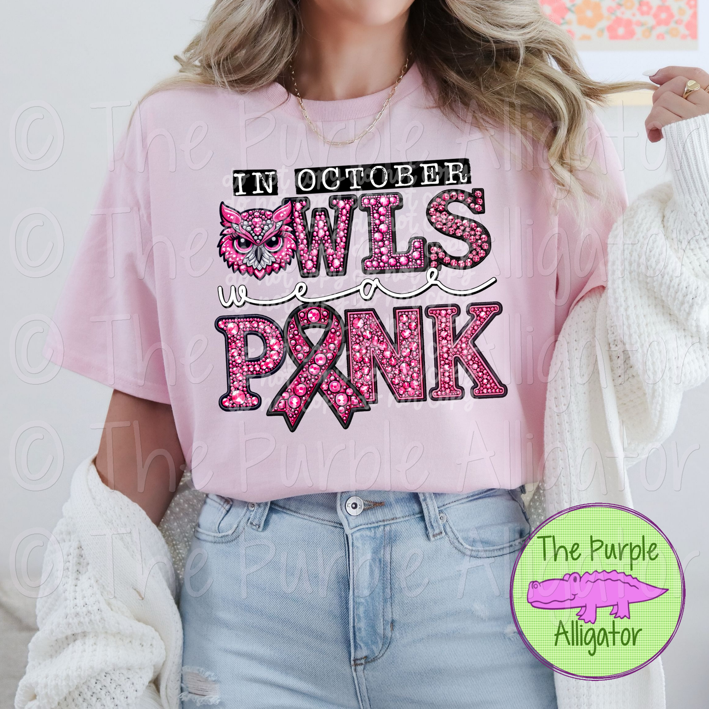 In October Owls Wear Pink BCA Faux Rhinestone Pink Out Mascot School Spirit 0824 (d2f PHDC)