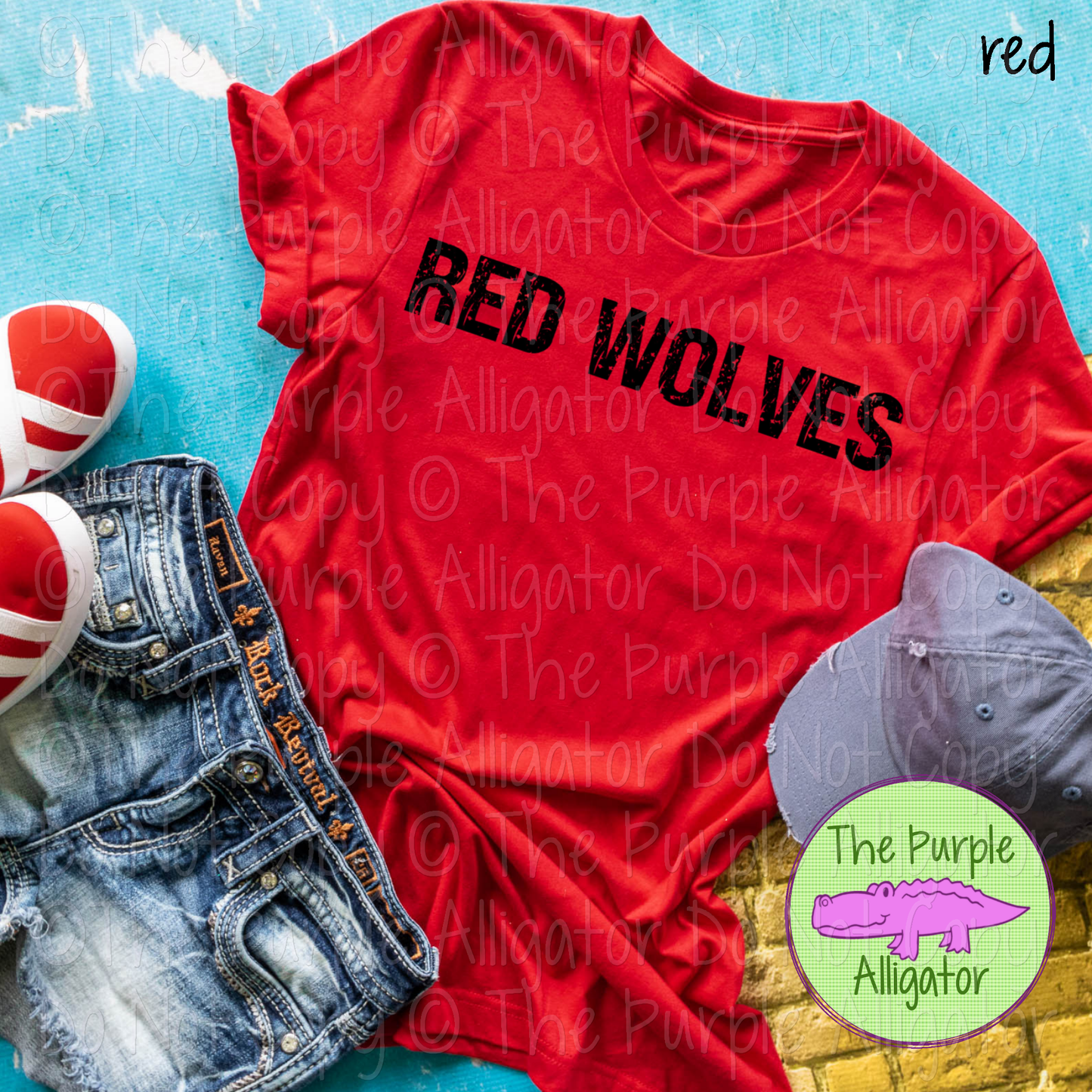 Red Wolves JTD Distressed Mascot School Spirit Wear CHOOSE YOUR TEXT COLOR 0225 (d2f TPA)