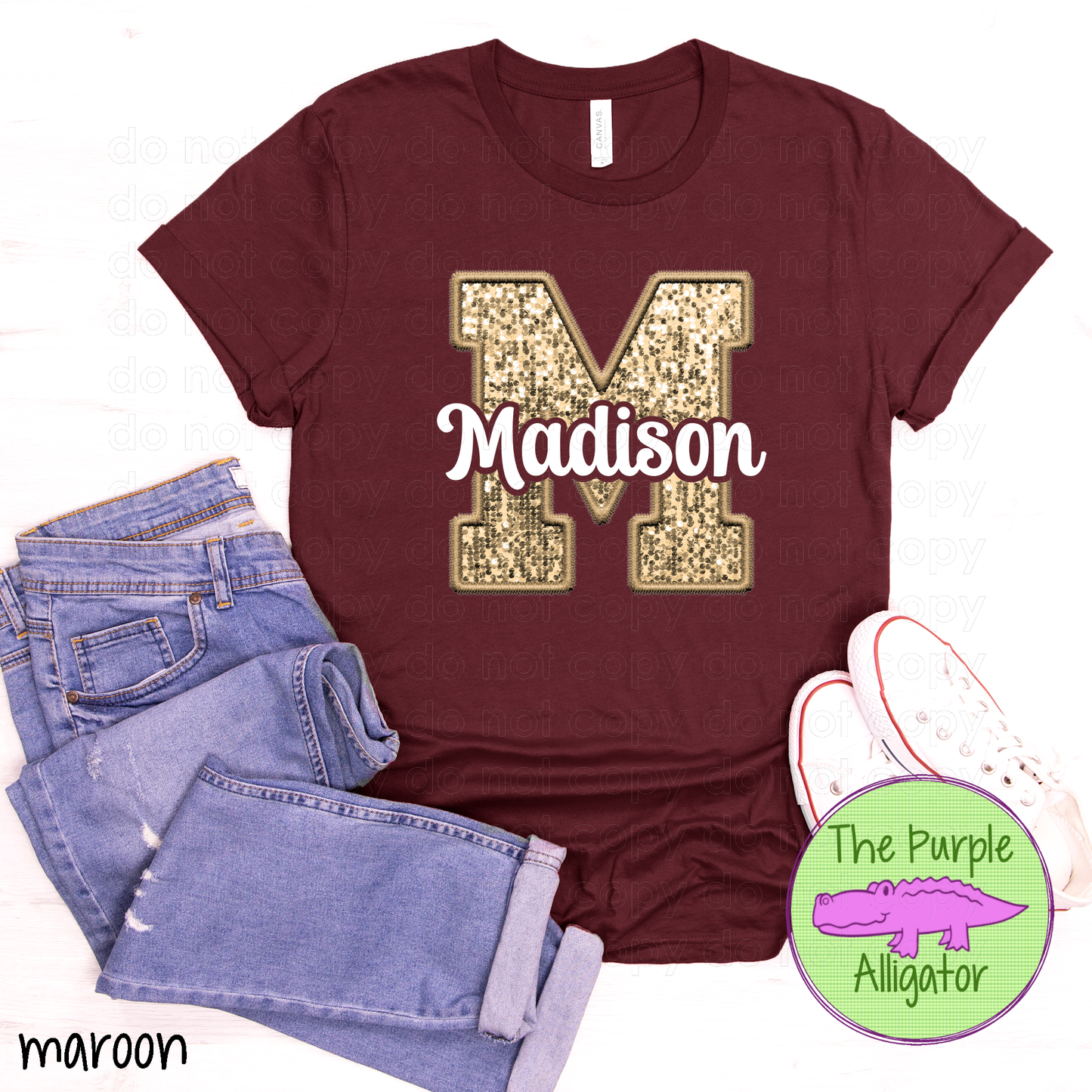 Madison White M Gold Faux Sequin Faux Embroidery Mascot School Spirit (d2f TPA)