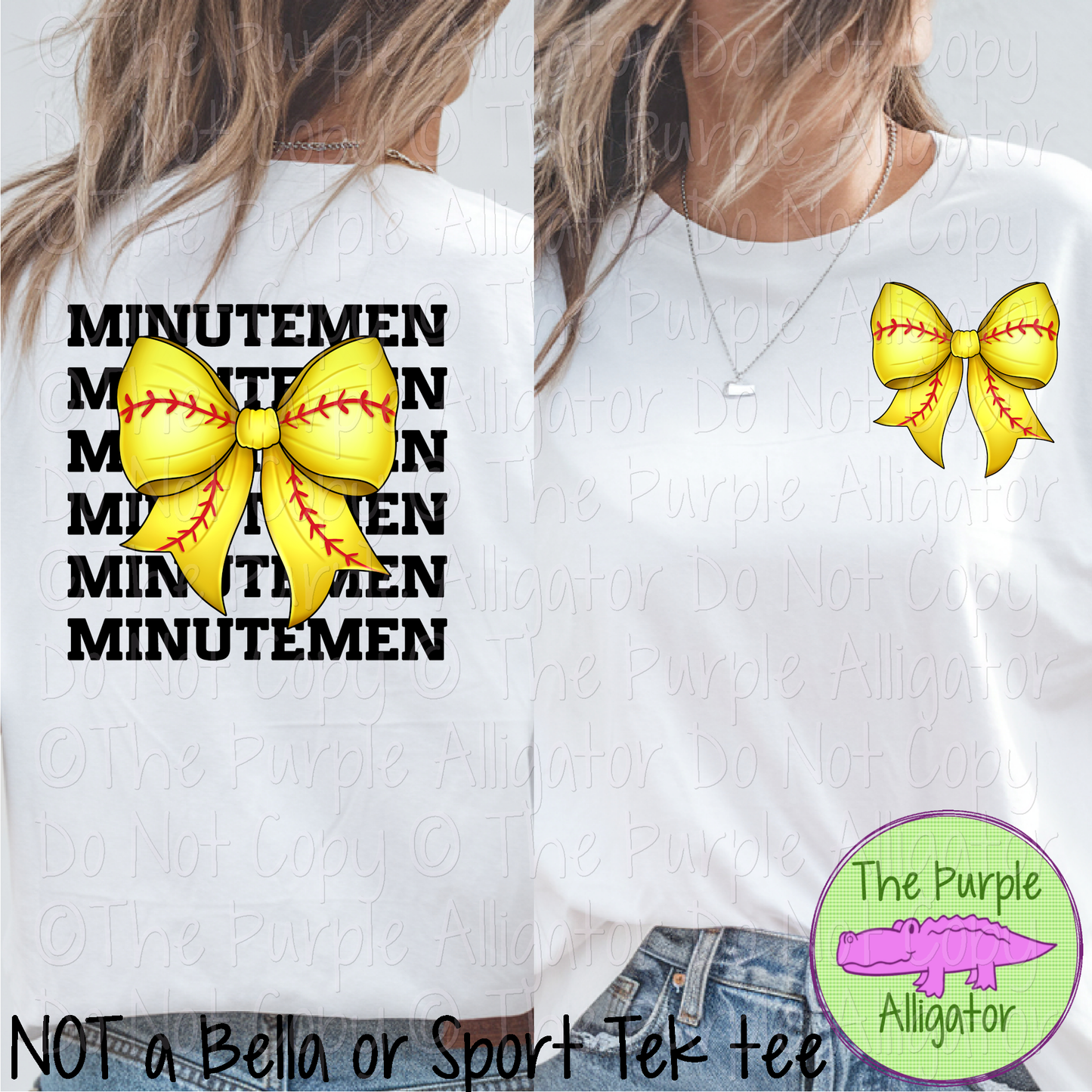 Minutemen Stack Softball Bow Front/Back Mascot School Spirit Wear Team Gear - CHOOSE YOUR TEXT COLOR - 0625 (d2f TPA)