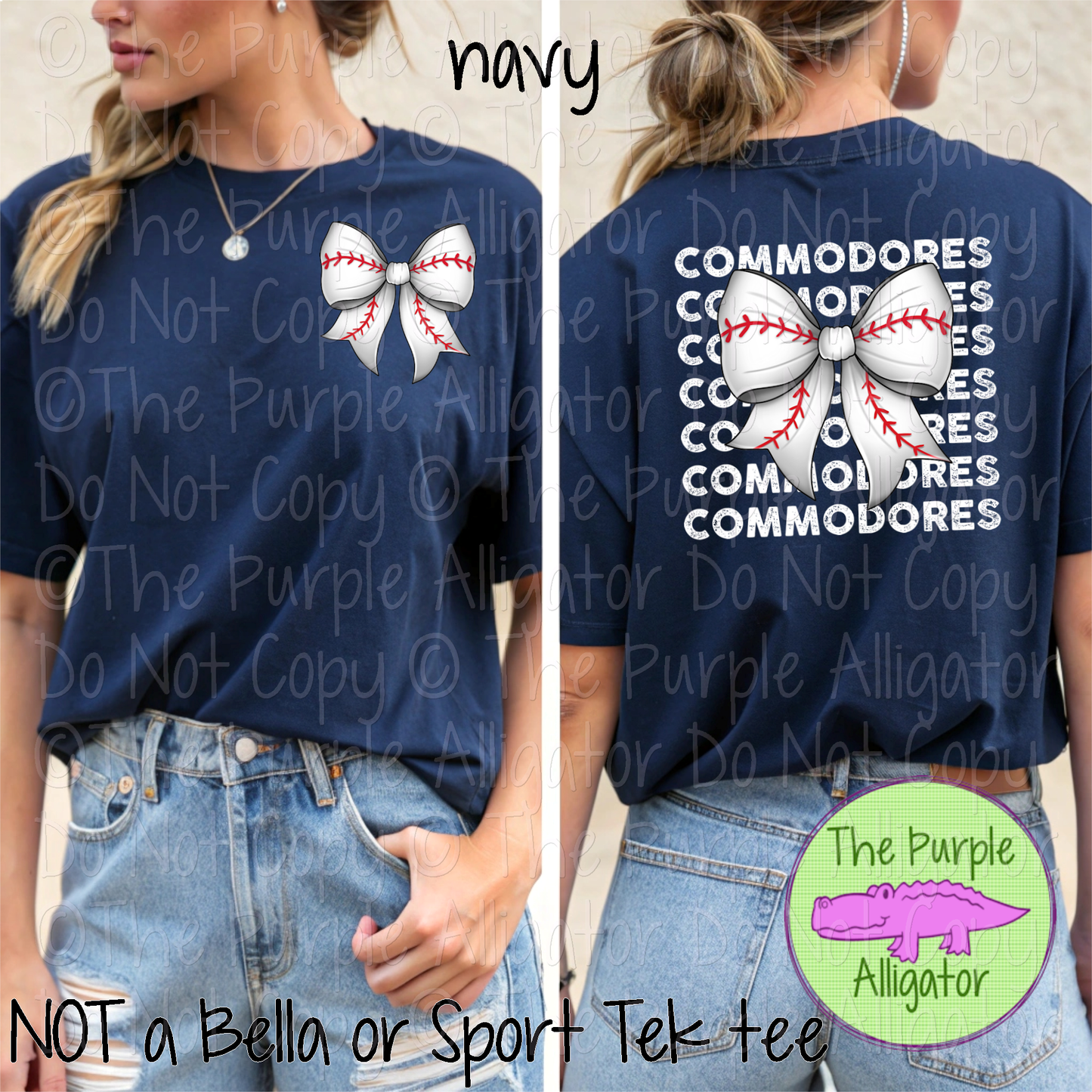 Commodores Stack Baseball Bow Front/Back Mascot School Spirit Wear Team Gear - CHOOSE YOUR TEXT COLOR - 0525 (d2f TPA)