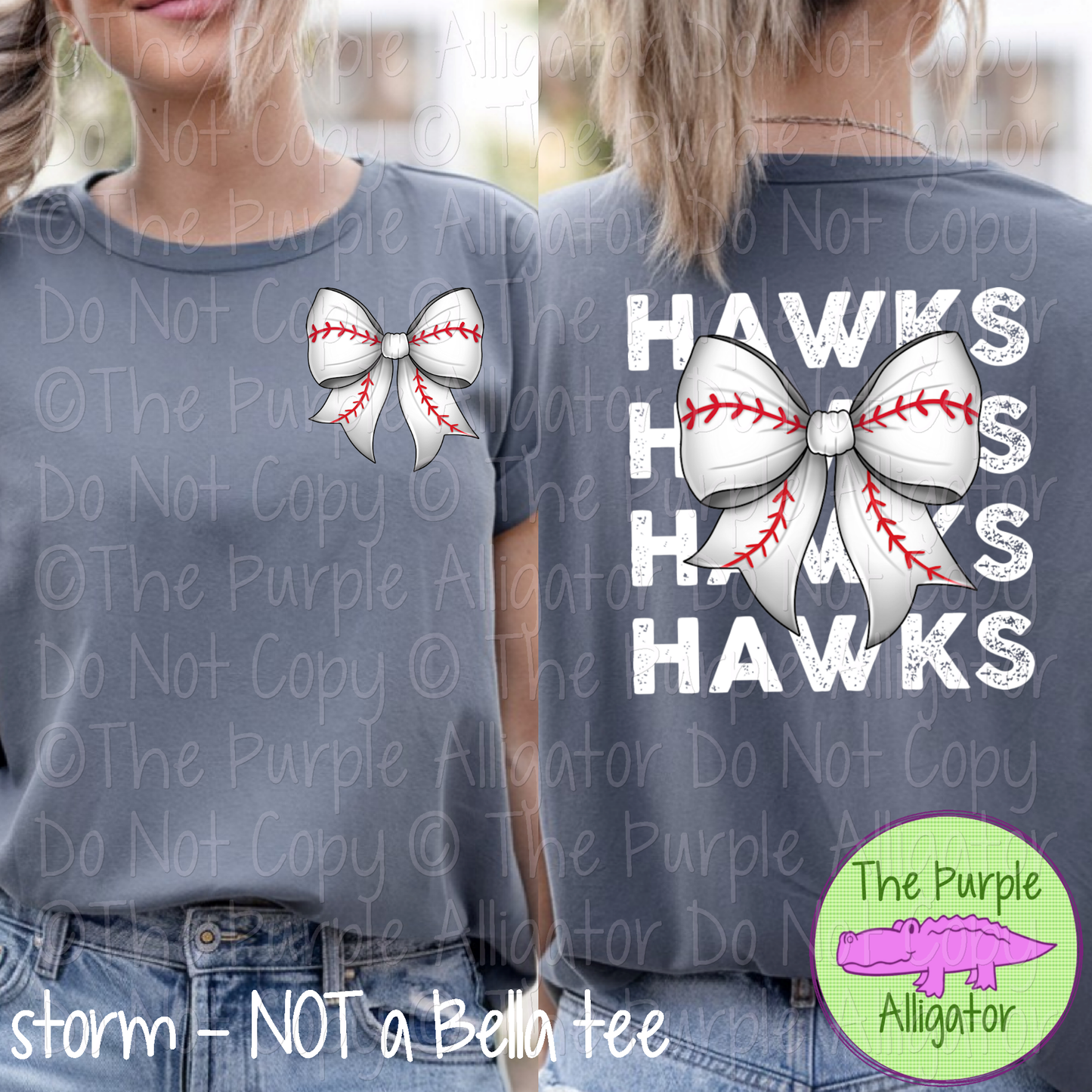 Hawks Stack Baseball Bow Front/Back Mascot School Spirit Wear Team Gear - CHOOSE YOUR TEXT COLOR - 0525 (d2f TPA)