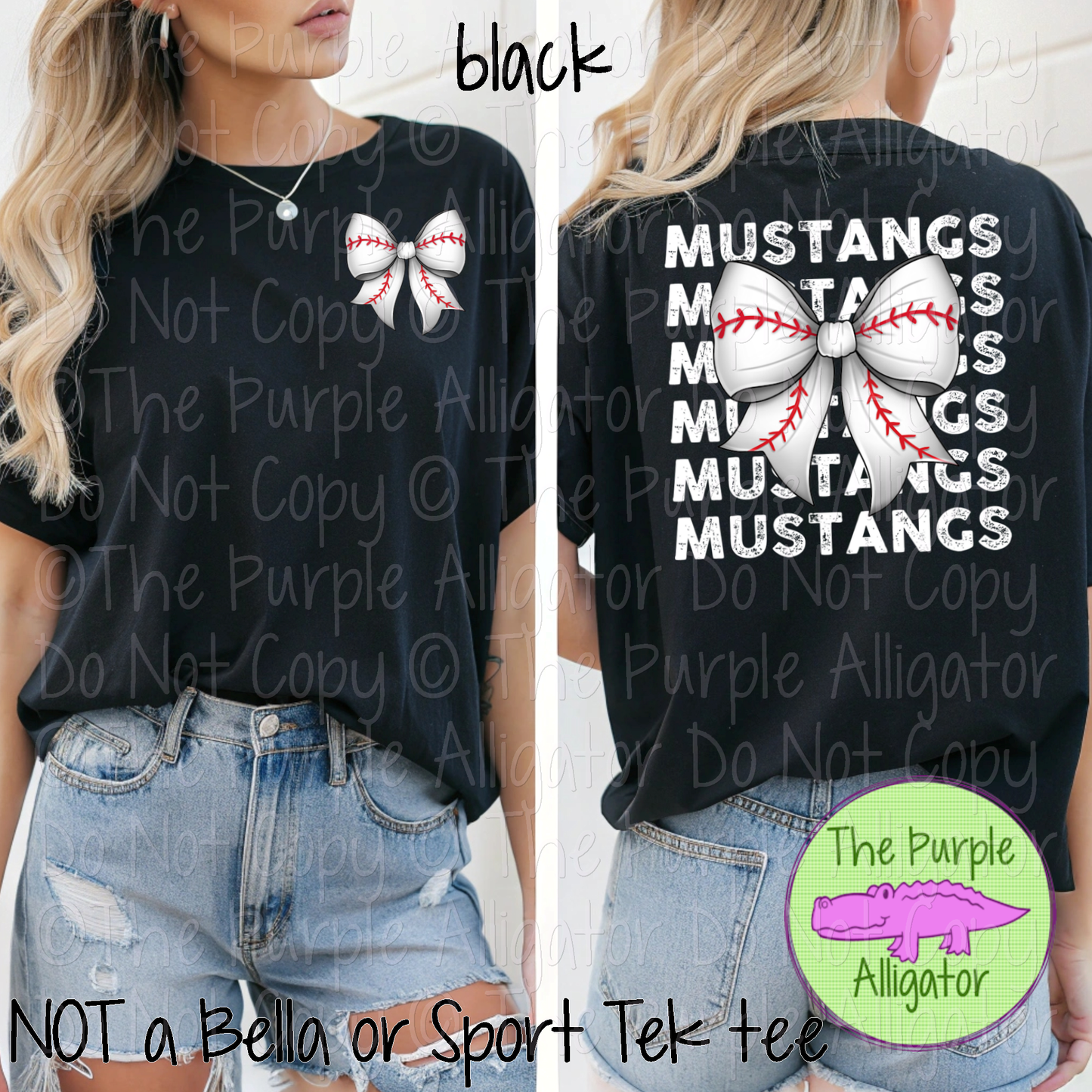 Mustangs Stack Baseball Bow Front/Back Mascot School Spirit Wear Team Gear - CHOOSE YOUR TEXT COLOR - 0525 (d2f TPA)