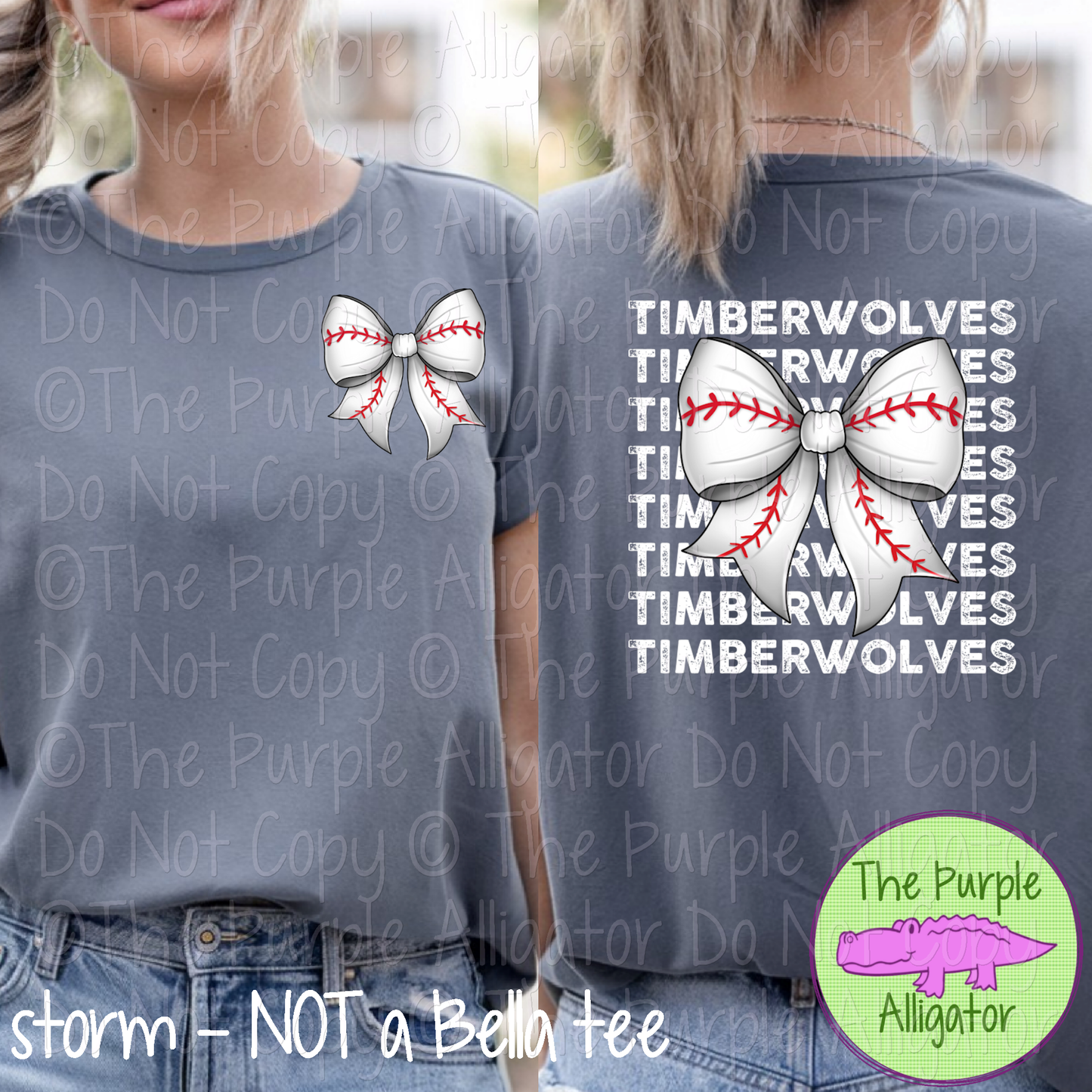 Timberwolves Stack Baseball Bow Front/Back Mascot School Spirit Wear Team Gear - CHOOSE YOUR TEXT COLOR - 0525 (d2f TPA)