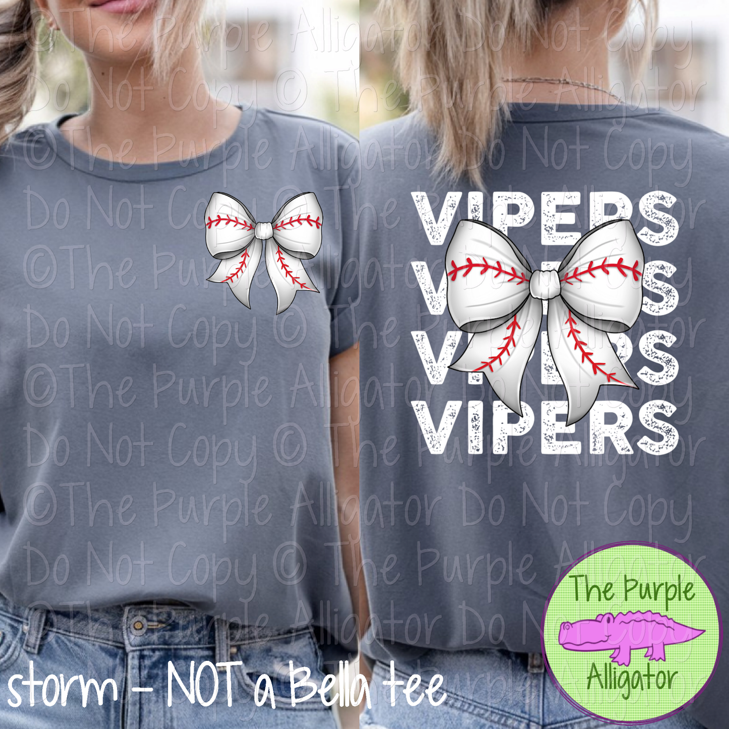 Vipers Stack Baseball Bow Front/Back Mascot School Spirit Wear Team Gear - CHOOSE YOUR TEXT COLOR - 0525 (d2f TPA)