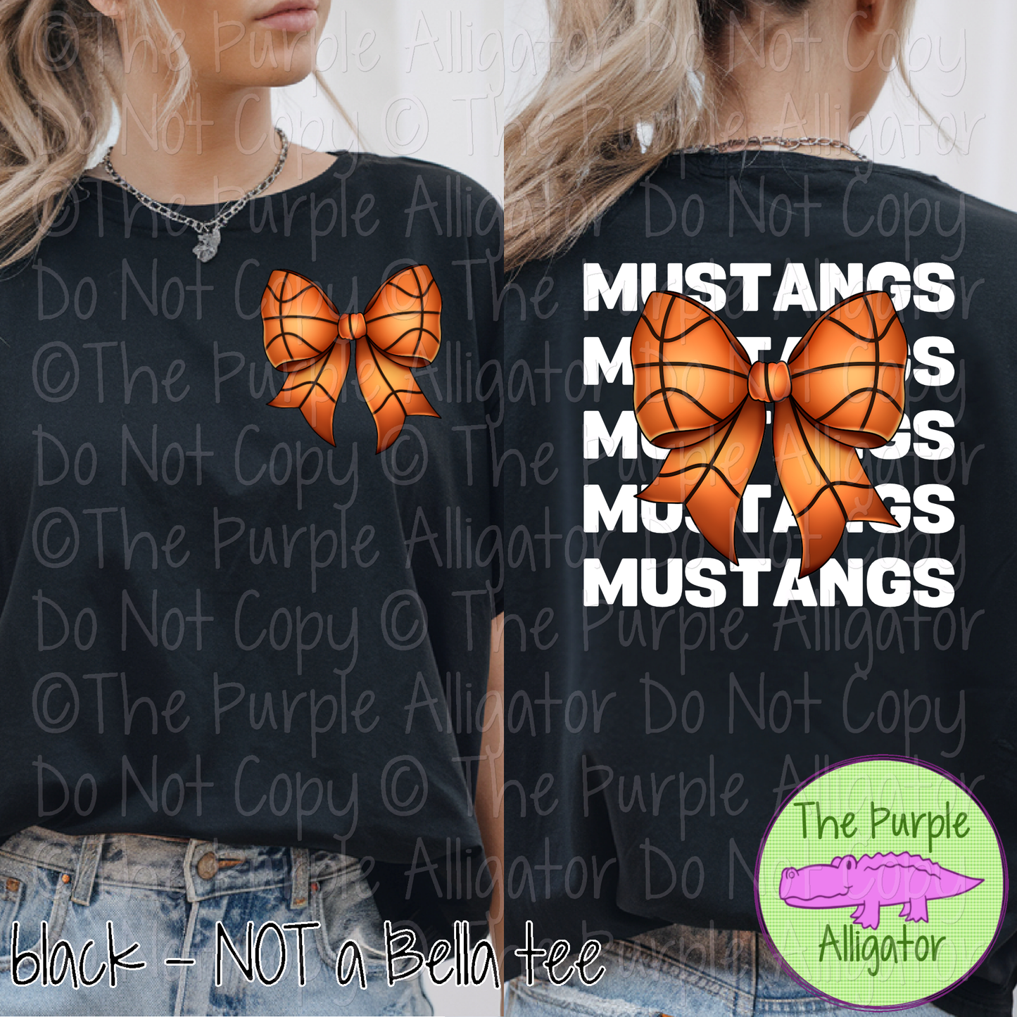 Mustangs Stack Basketball Bow Front/Back Mascot School Spirit Wear Team Gear - CHOOSE YOUR TEXT COLOR - 0425 (d2f TPA)