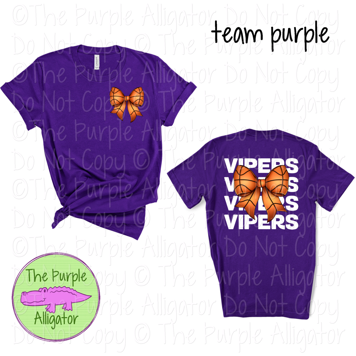 Vipers Stack Basketball Bow Front/Back Mascot School Spirit Wear Team Gear - CHOOSE YOUR TEXT COLOR - 0425 (d2f TPA)