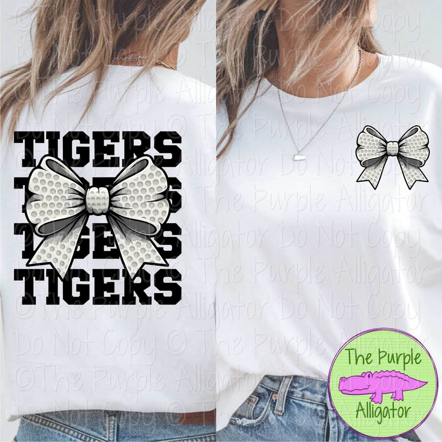Tigers Stack Golf Bow Front/Back Mascot School Spirit Wear Team Gear - CHOOSE YOUR TEXT COLOR - 0425 (d2f TPA)