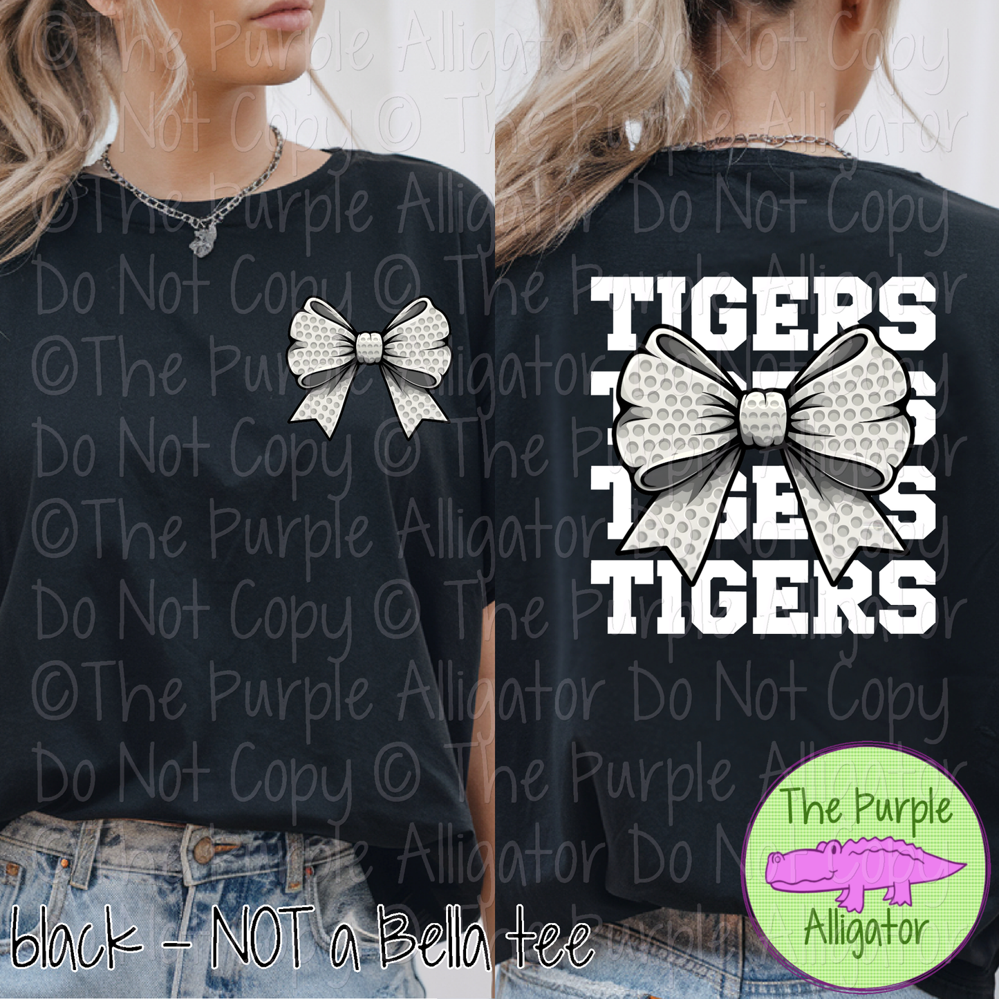 Tigers Stack Golf Bow Front/Back Mascot School Spirit Wear Team Gear - CHOOSE YOUR TEXT COLOR - 0425 (d2f TPA)