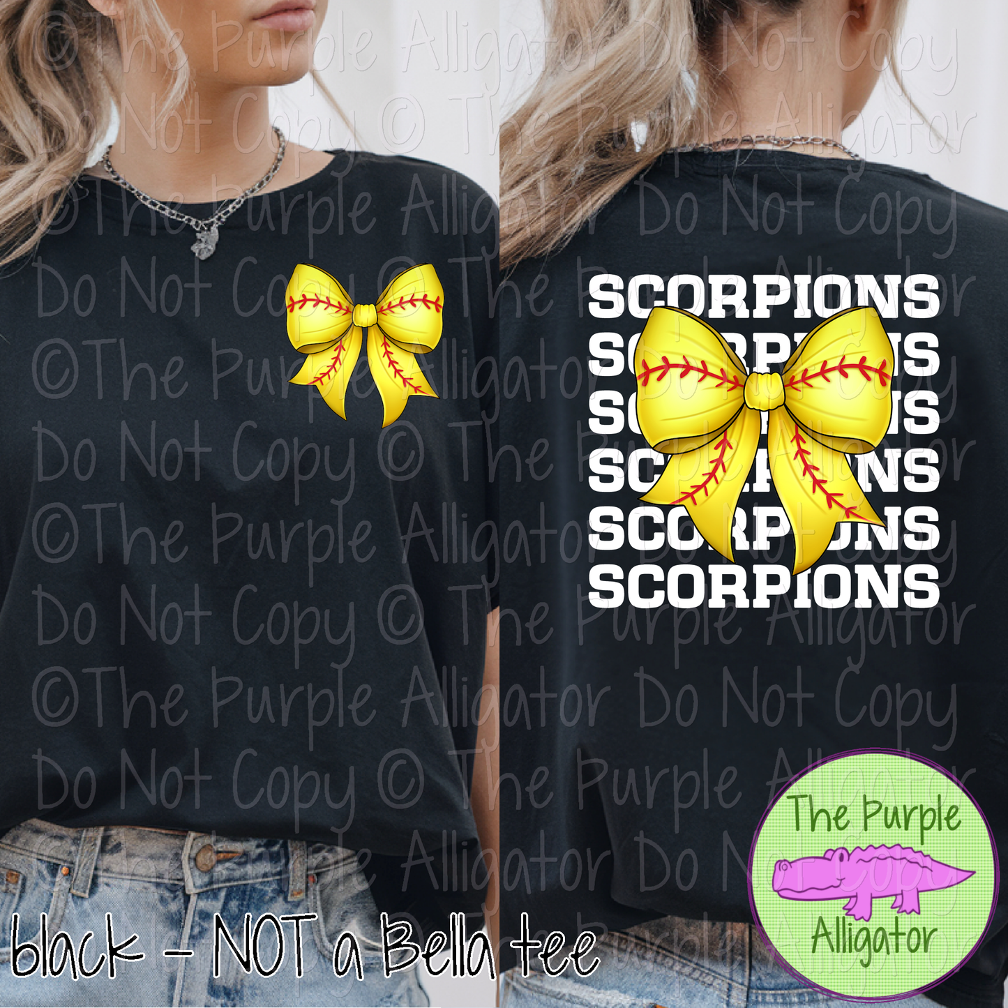 Scorpions Stack Softball Bow Front/Back Mascot School Spirit Wear Team Gear - CHOOSE YOUR TEXT COLOR - 0625 (d2f TPA)