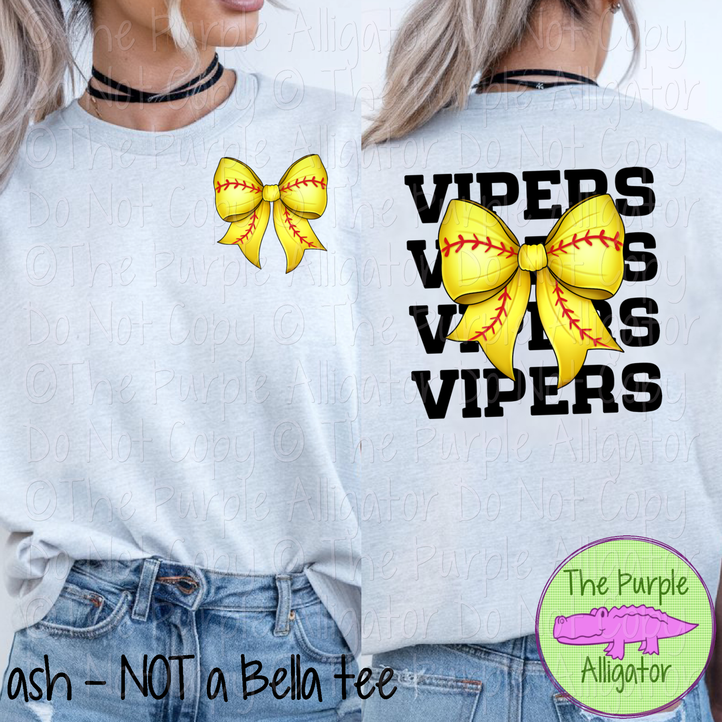 Vipers Stack Softball Bow Front/Back Mascot School Spirit Wear Team Gear - CHOOSE YOUR TEXT COLOR - 0625 (d2f TPA)