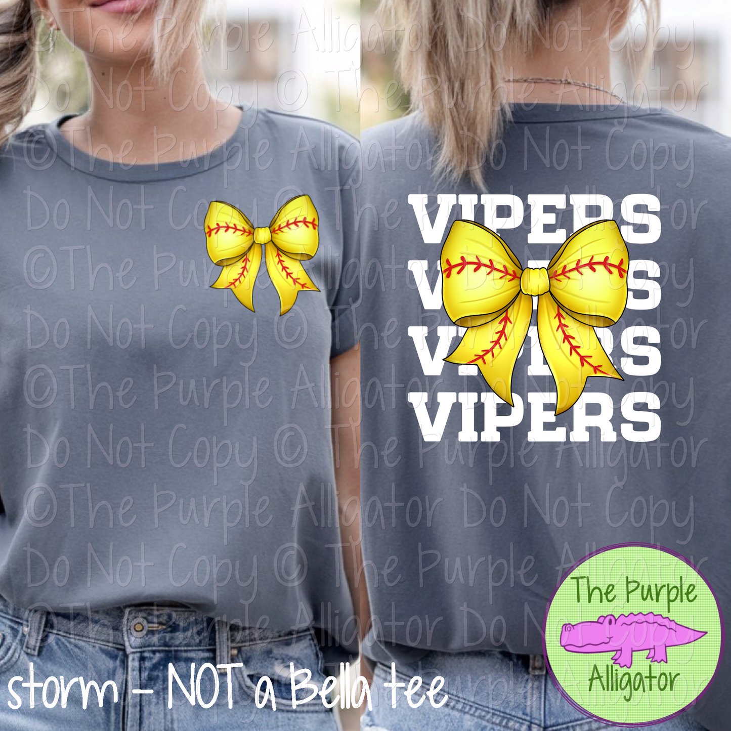 Vipers Stack Softball Bow Front/Back Mascot School Spirit Wear Team Gear - CHOOSE YOUR TEXT COLOR - 0625 (d2f TPA)