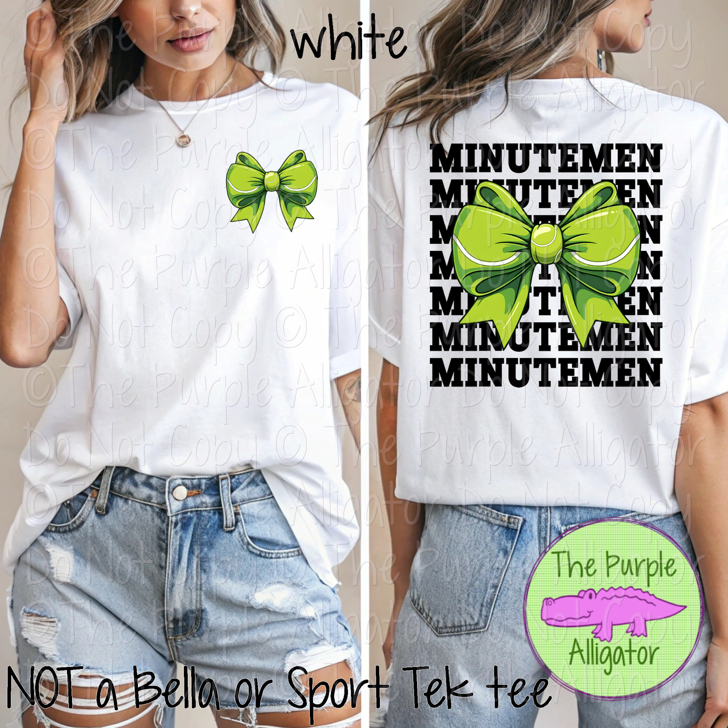 Minutemen Stack Tennis Bow Front/Back Mascot School Spirit Wear Team Gear - CHOOSE YOUR TEXT COLOR - 0425 (d2f TPA)