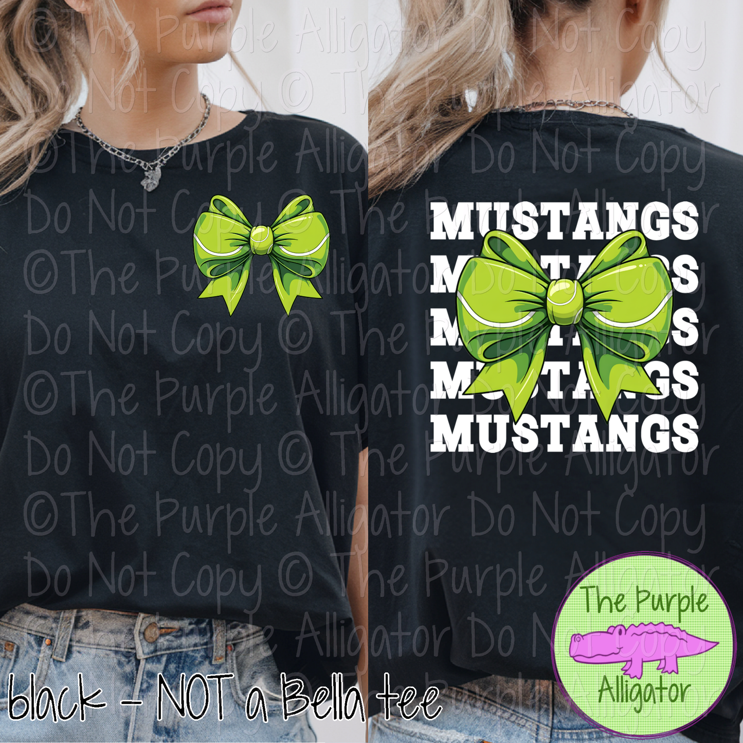 Mustangs Stack Tennis Bow Front/Back Mascot School Spirit Wear Team Gear - CHOOSE YOUR TEXT COLOR - 0425 (d2f TPA)