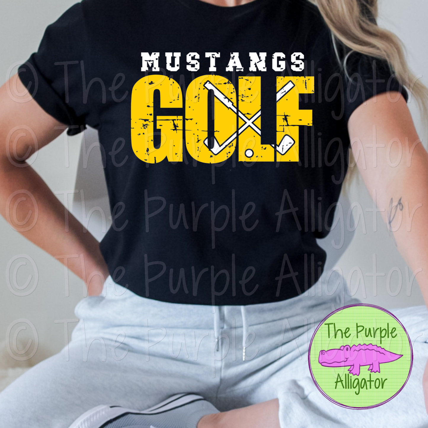 Mustangs Golf DISTRESSED SC2 Mascot School Spirit - CHOOSE YOUR DESIGN COLORS (d2f TPA)