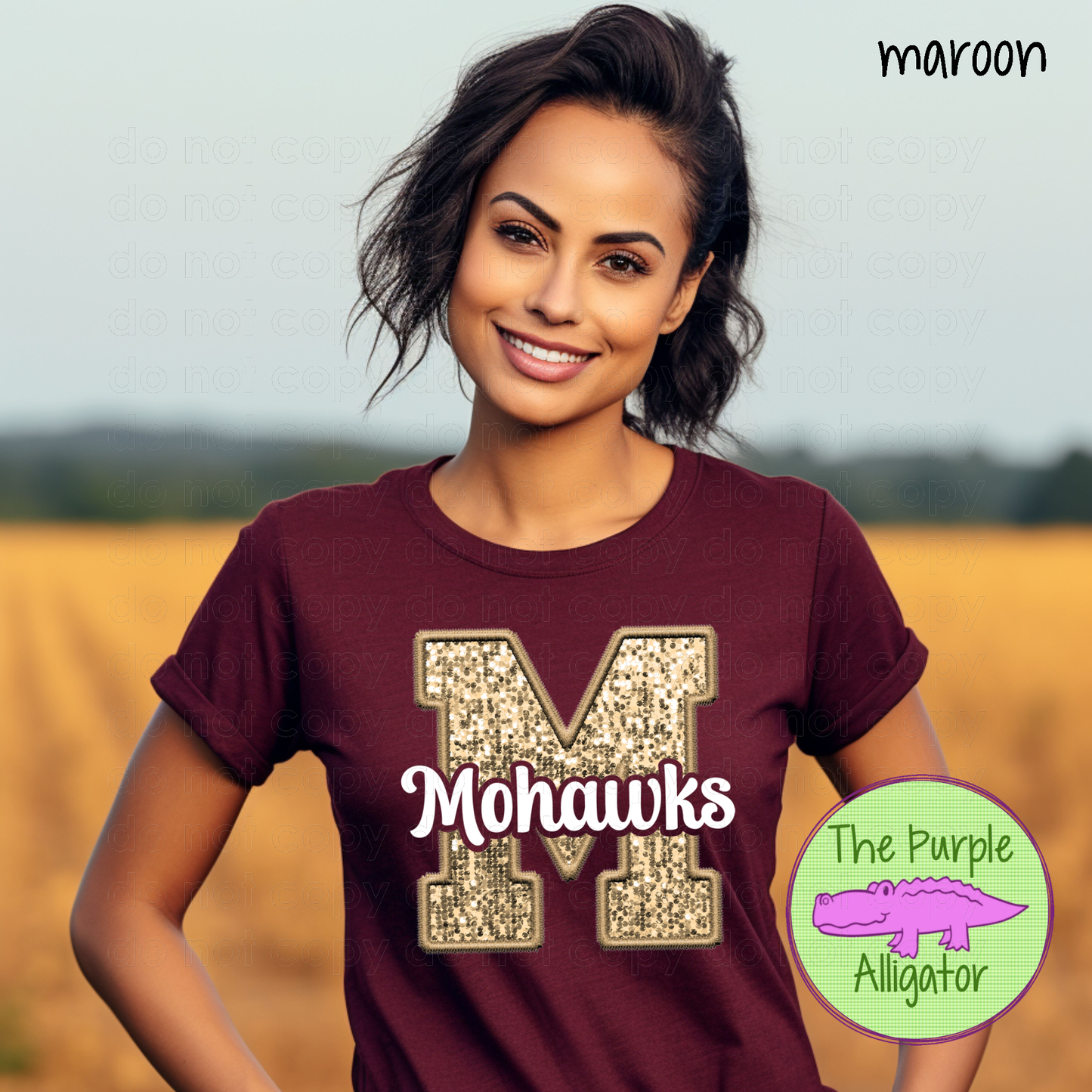 Mohawks White M Gold Faux Sequin Faux Embroidery Mascot School Spirit (d2f TPA)