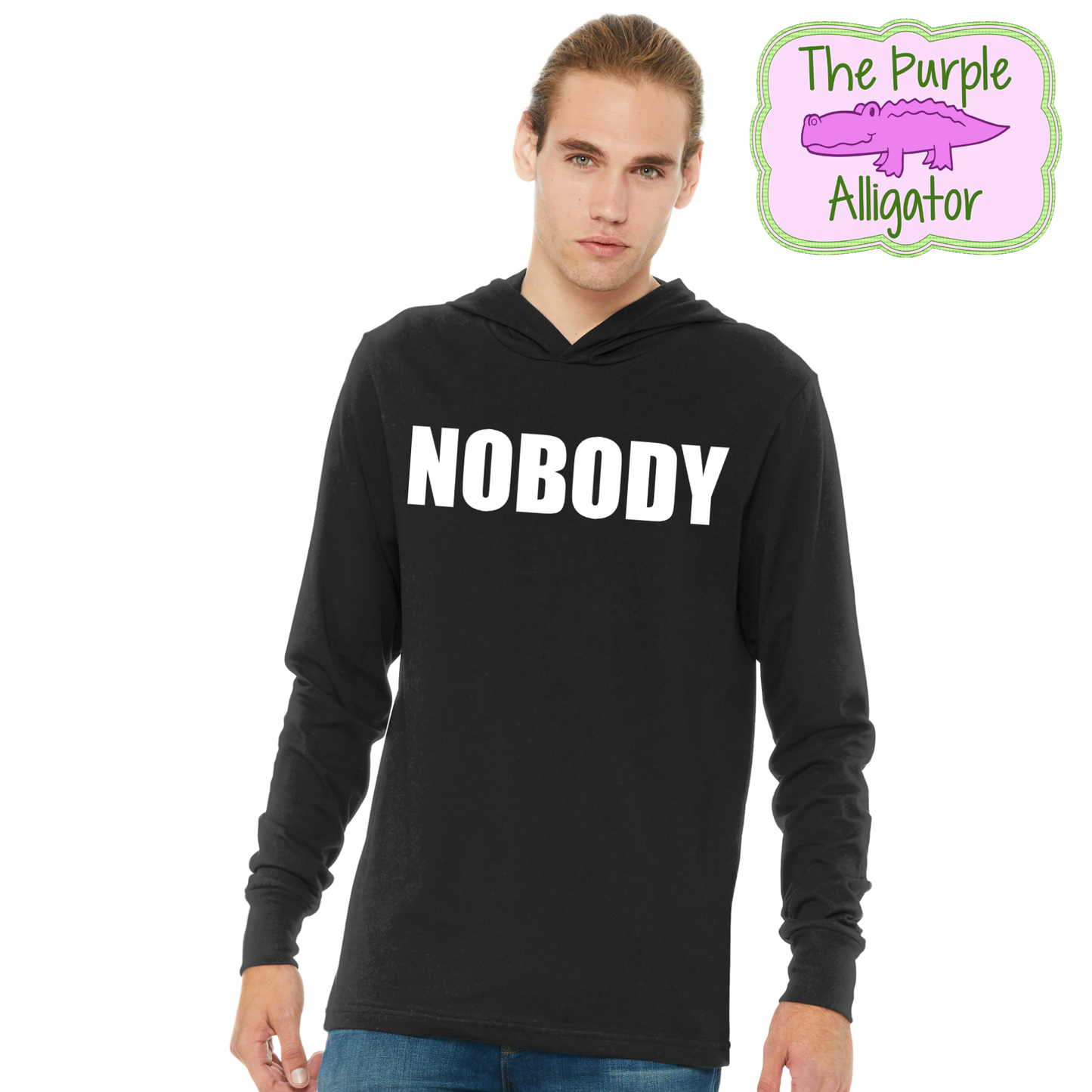 NOBODY (white) Bella + Canvas Long Sleeve Hooded Tee