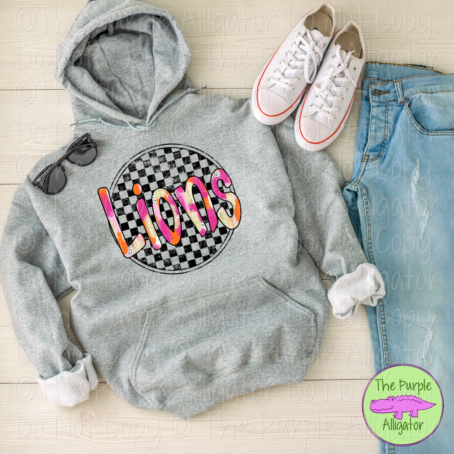 Lions Preppy Distressed Checker Mascot School Spirit 0225 (d2f TPA)