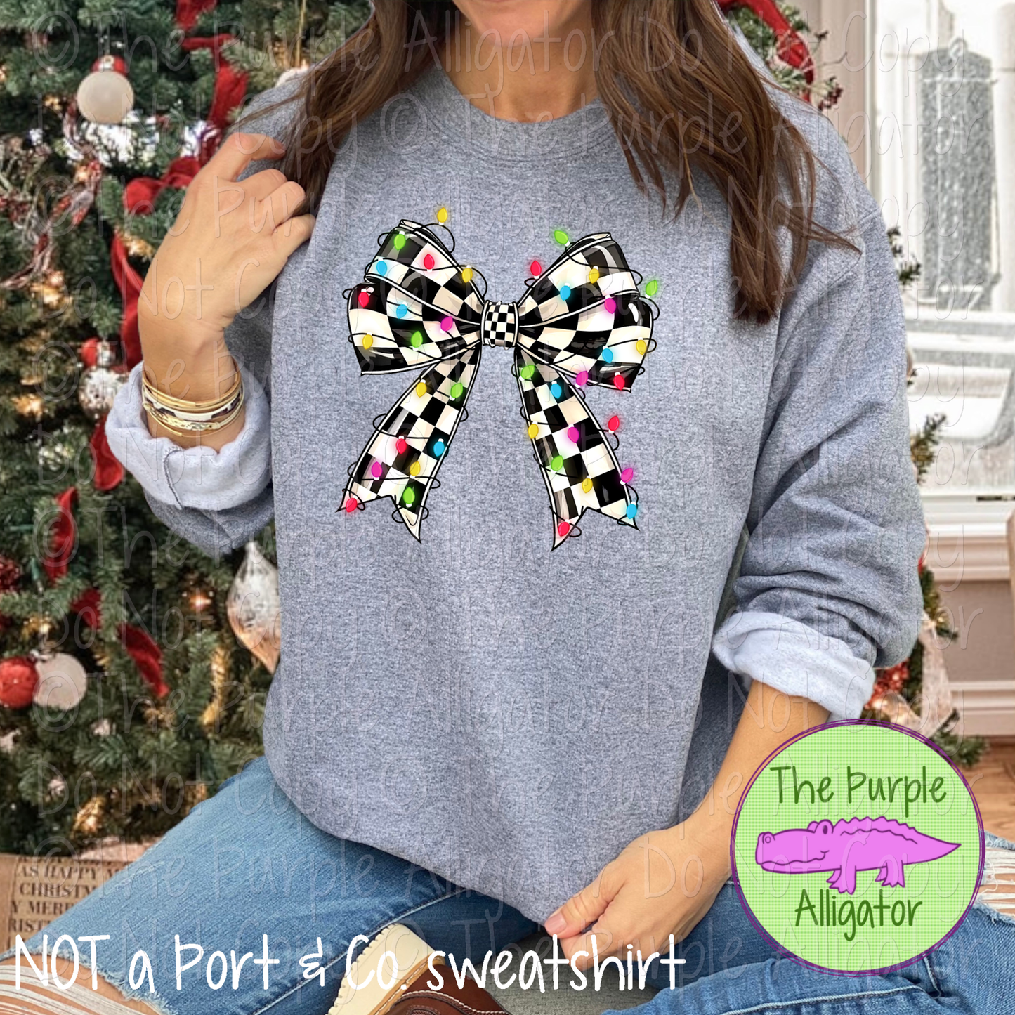 Retro Checkered Christmas Coquette Bow w- Christmas Lights | Christmas Design Apparel for Women, Men & Youth 1124 (D2F TRA)