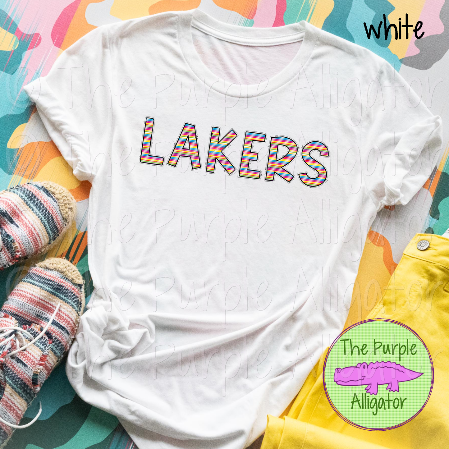 Lakers Smartie Stripes Mascot School Spirit Shirt Colorful Striped Lettering Game Day Apparel Pep Rally Outfit 1124 TPA