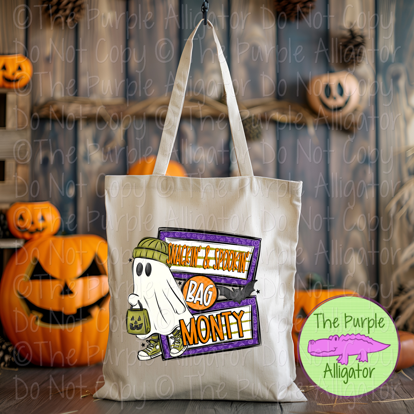 Halloween-themed tote bag with ghost design and text, surrounded by pumpkins and festive decorations.
