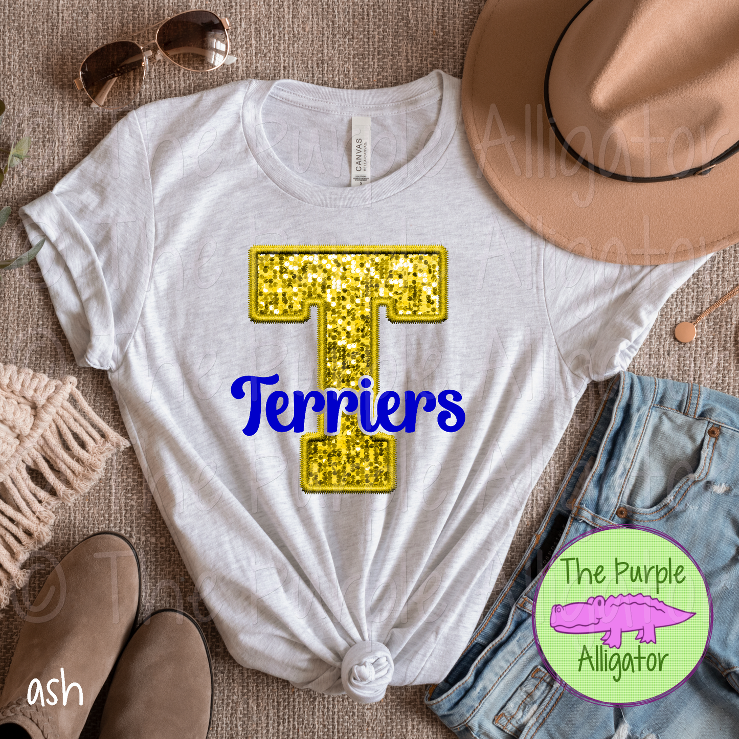 T Gold Faux Sequin Faux Embroidery Terriers Royal Mascot School Spirit (d2f TPA)