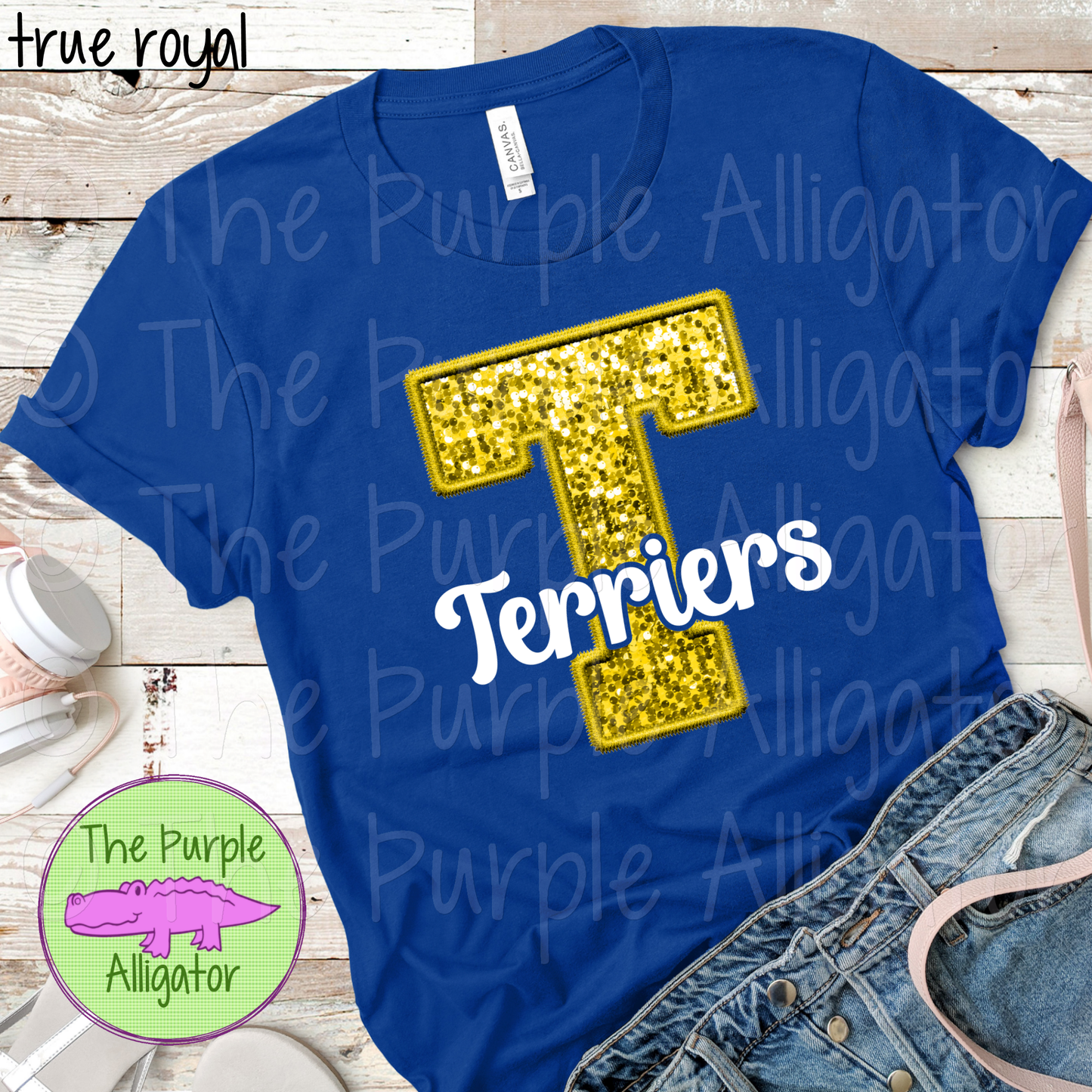 T Gold Faux Sequin Faux Embroidery Terriers White Mascot School Spirit (d2f TPA)