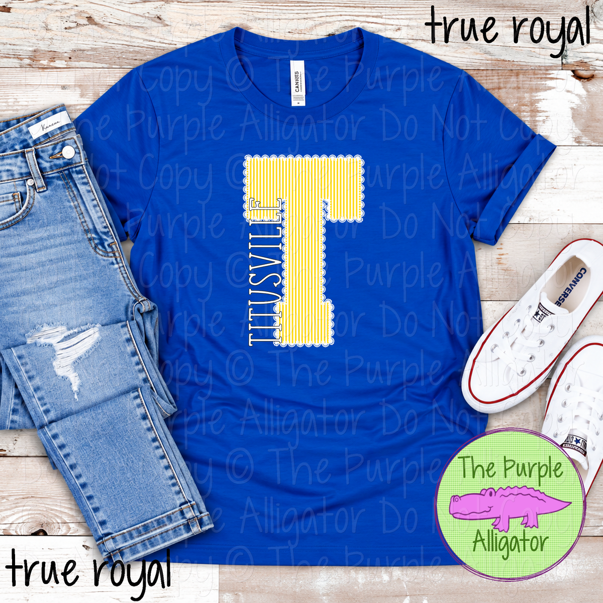 T Titusville Seersucker & Lace – Custom School Initial Spirit Wear with Lace Detail 1026 TPA