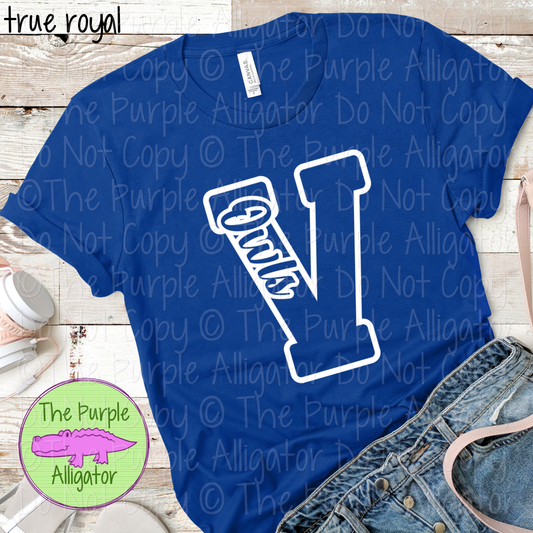 Viera V Owls Mascot School Spirit Wear Team Swag - CHOOSE YOUR DESIGN COLOR (d2f TPA)