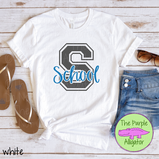 YOUR SCHOOL 2 Color Initial Spirit Wear | Varsity Letter School Pride Shirt 0124 TPA