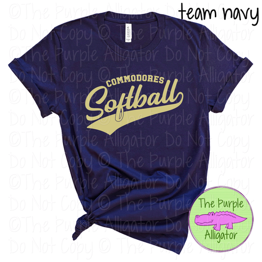 Commodores Softball 21 Classic Script Softball Spirit Wear Tee | Custom Single Color Print 0126 TPA