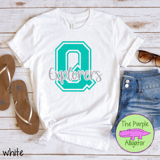 Q Quest Explorers 2 Color Initial Spirit Wear | Varsity Letter School Pride Shirt 0124 TPA